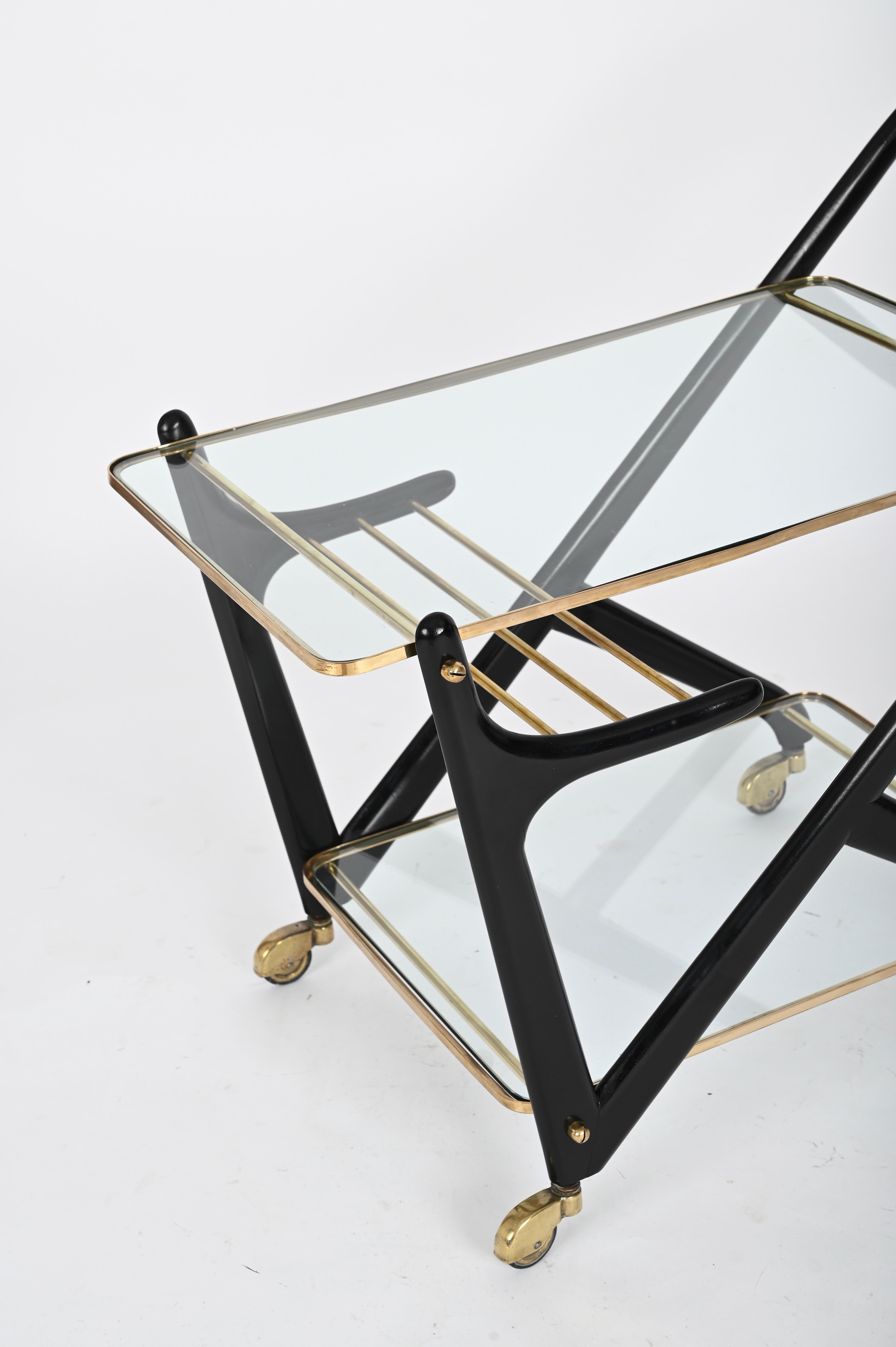 Cesare Lacca Midcentury Brass and Ebonized Wood Italian Bar Cart, 1950s For Sale 7