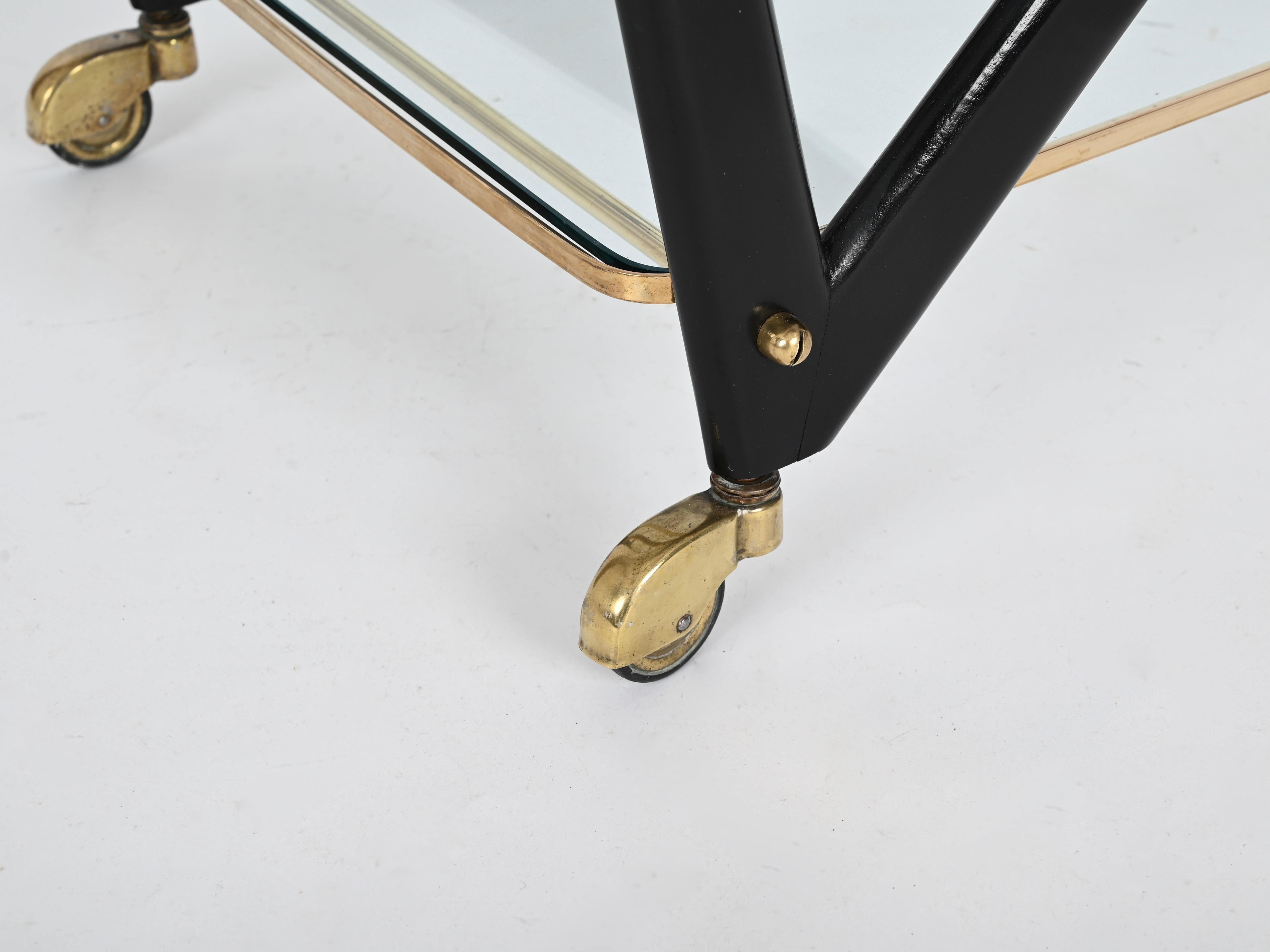Cesare Lacca Midcentury Brass and Ebonized Wood Italian Bar Cart, 1950s For Sale 8