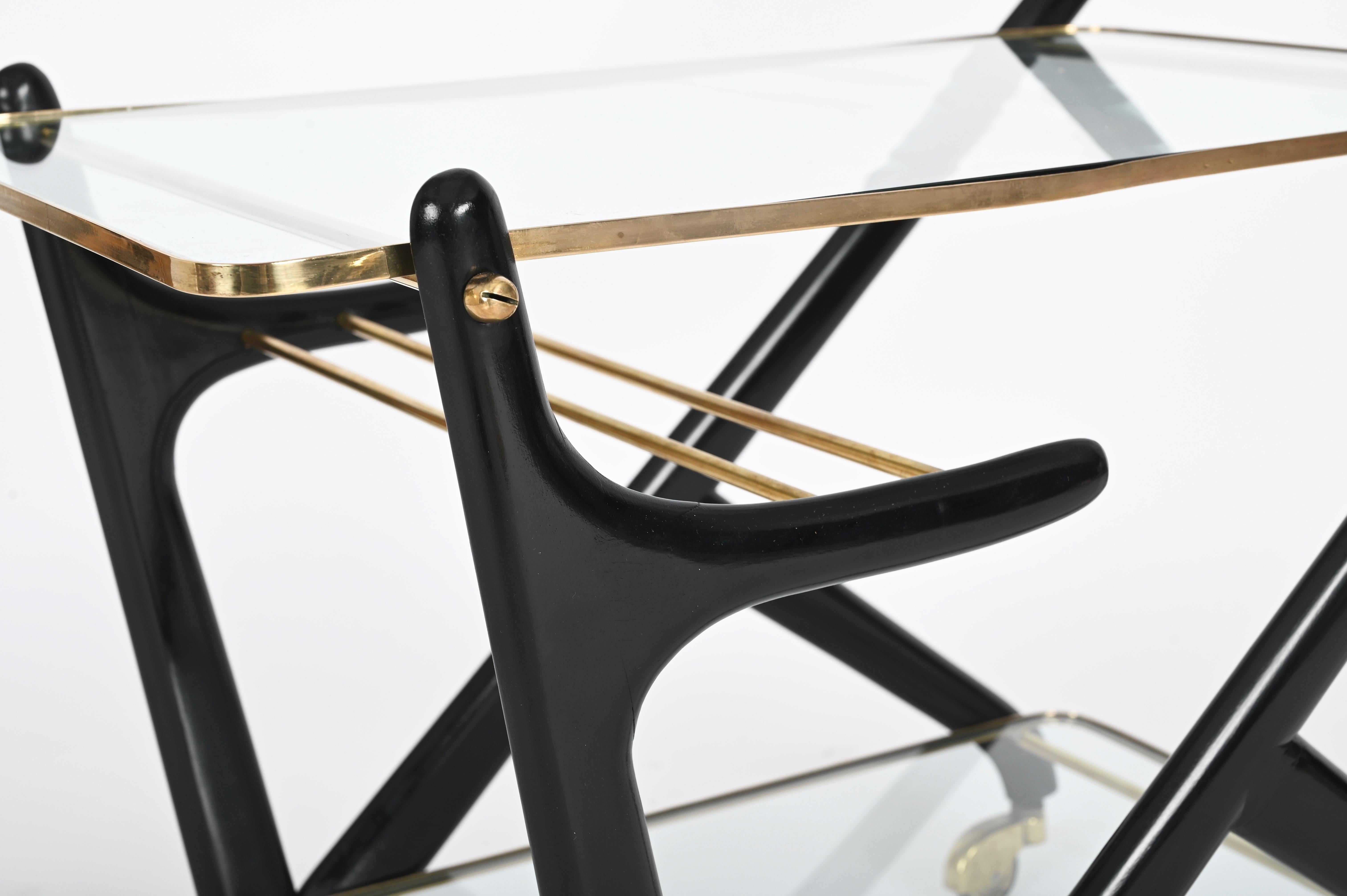 Cesare Lacca Midcentury Brass and Ebonized Wood Italian Bar Cart, 1950s For Sale 9