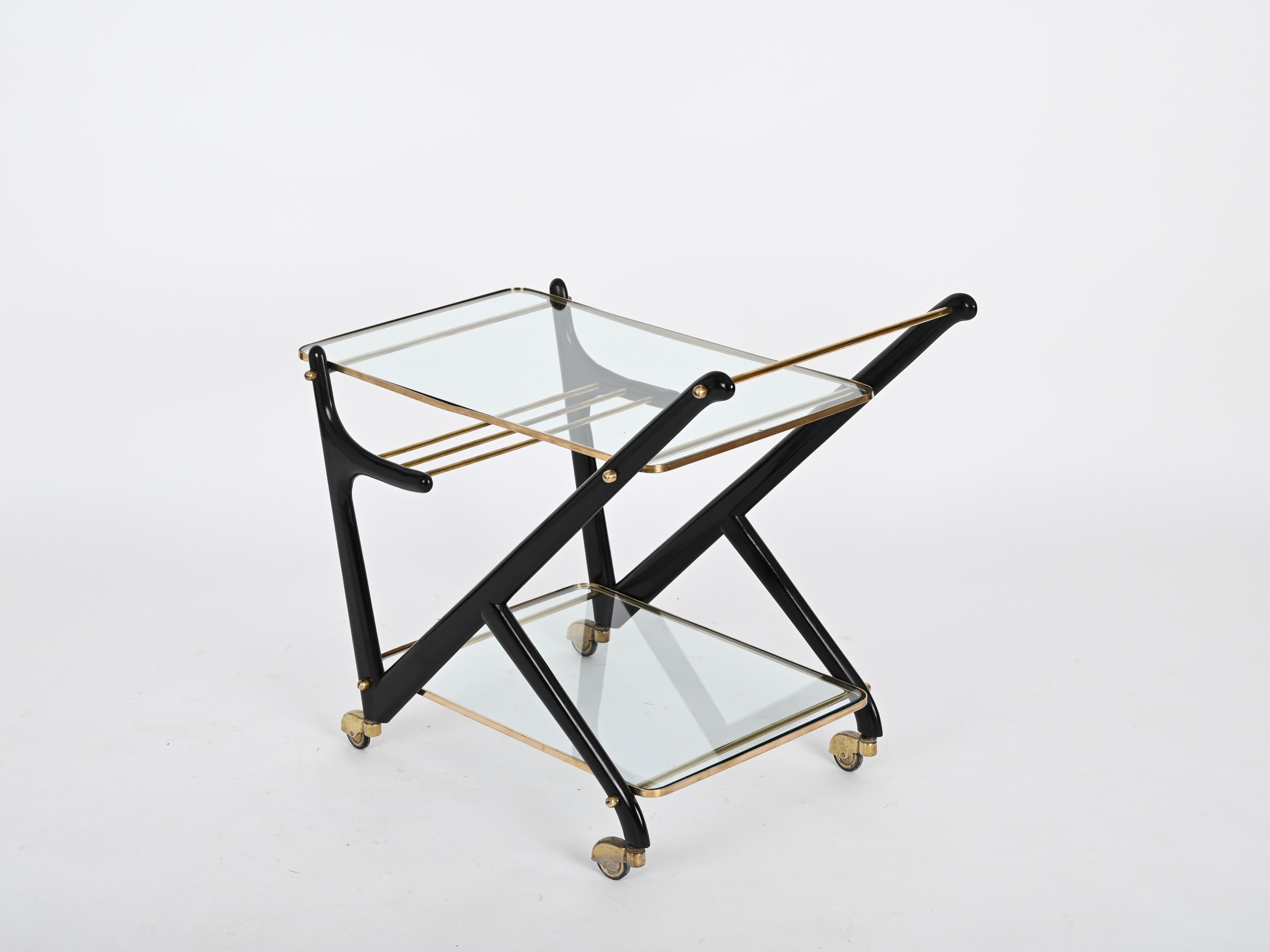 Cesare Lacca Midcentury Brass and Ebonized Wood Italian Bar Cart, 1950s For Sale 10