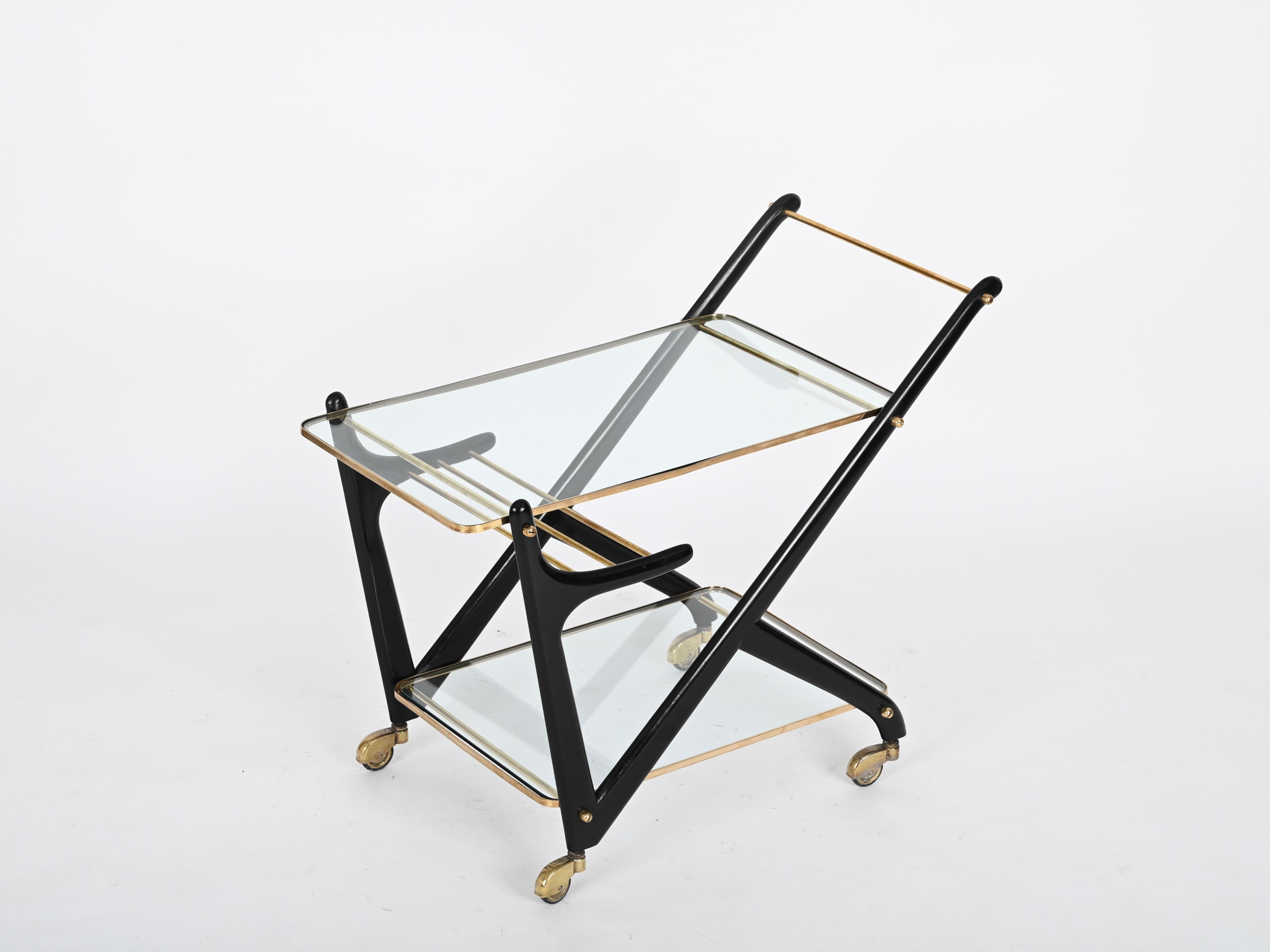 Cesare Lacca Midcentury Brass and Ebonized Wood Italian Bar Cart, 1950s For Sale 11