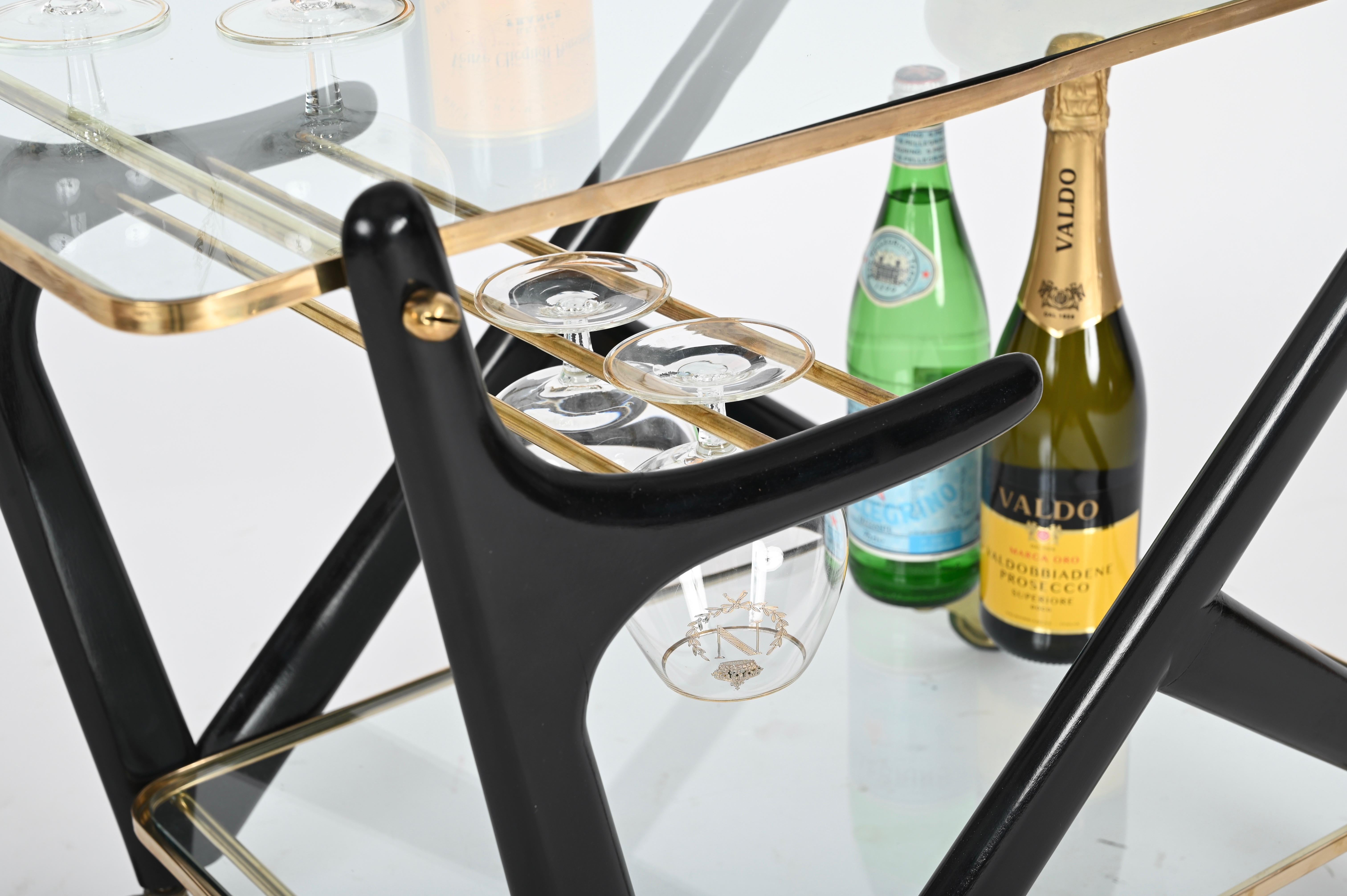 Cesare Lacca Midcentury Brass and Ebonized Wood Italian Bar Cart, 1950s For Sale 12