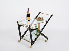 Cesare Lacca Midcentury Brass and Ebonized Wood Italian Bar Cart, 1950s