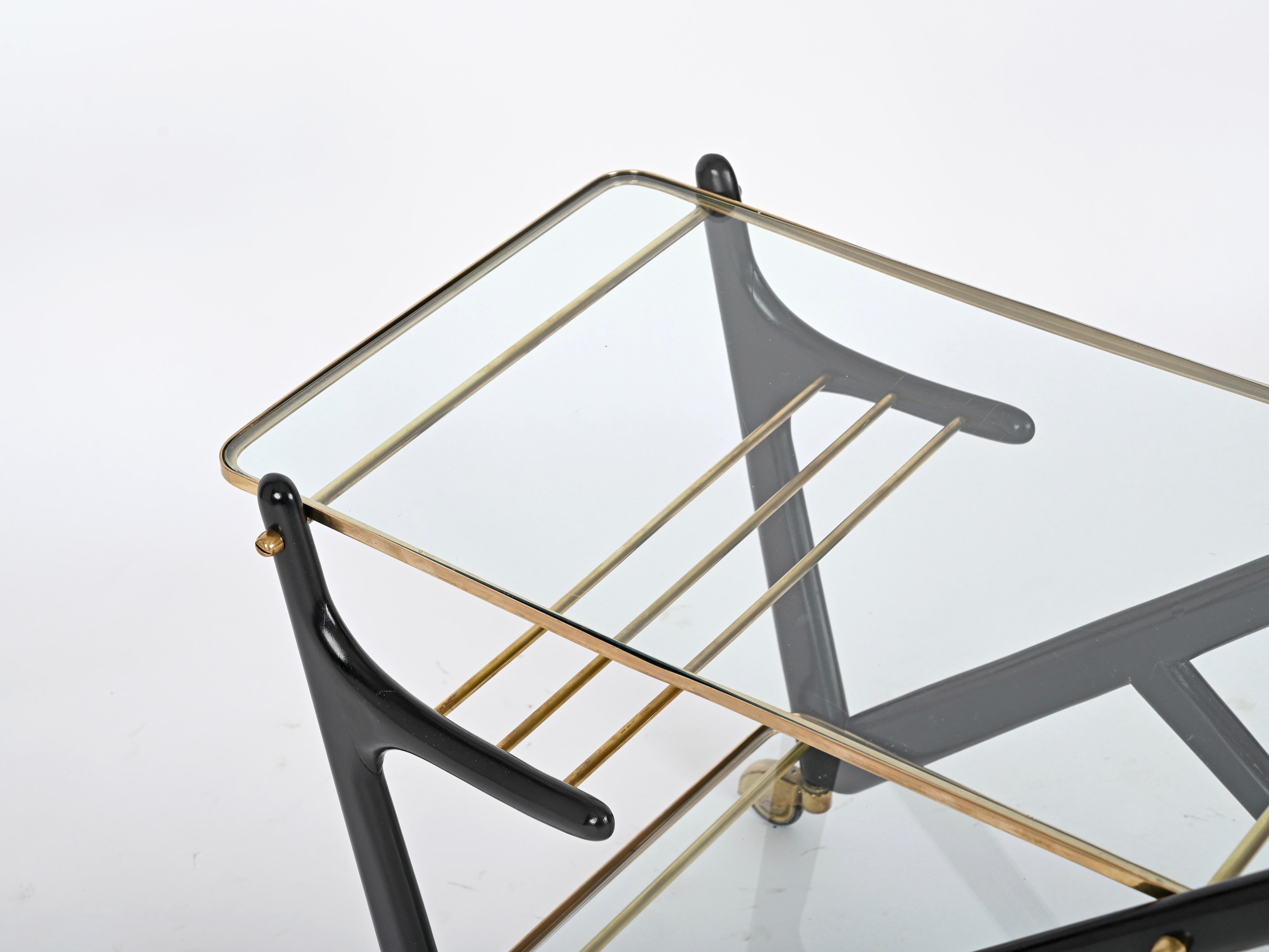 20th Century Cesare Lacca Midcentury Brass and Ebonized Wood Italian Bar Cart, 1950s For Sale