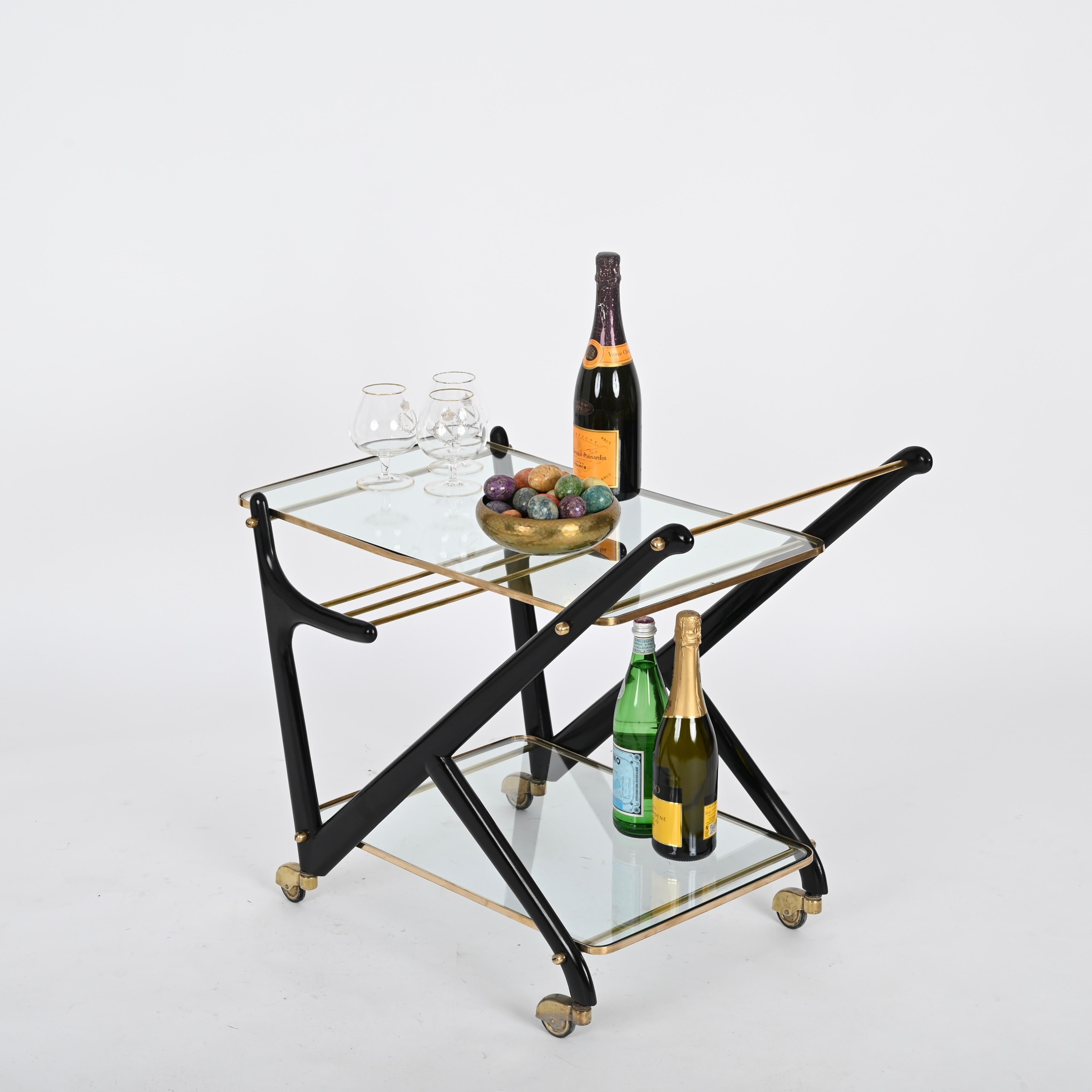 Cesare Lacca Midcentury Brass and Ebonized Wood Italian Bar Cart, 1950s For Sale 1