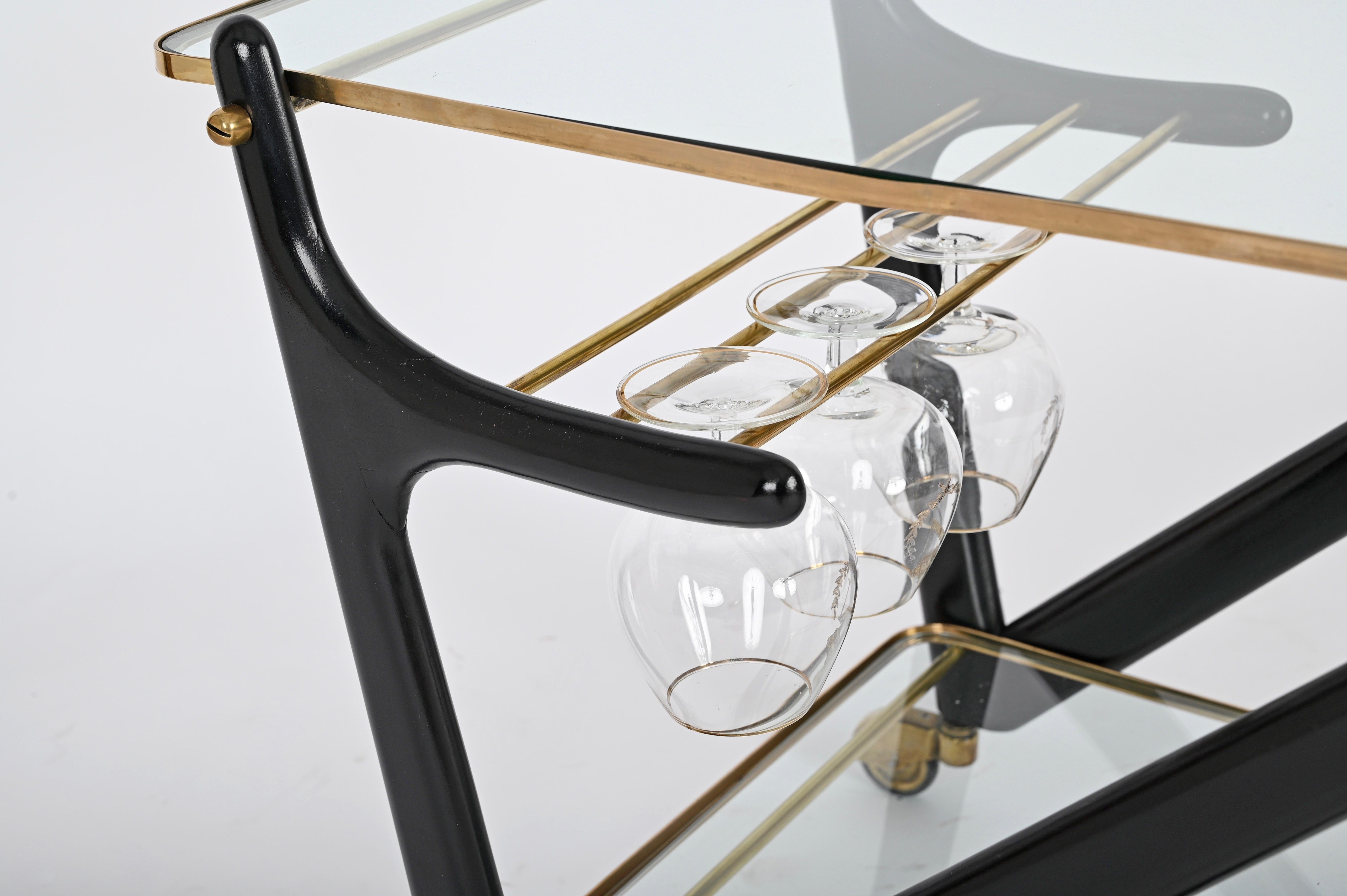 Cesare Lacca Midcentury Brass and Ebonized Wood Italian Bar Cart, 1950s For Sale 2