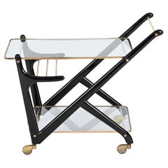Cesare Lacca Midcentury Brass and Ebonized Wood Italian Bar Cart, 1950s