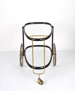 Cesare Lacca Midcentury Brass and Ebonized Wood Italian Oval Bar Cart, 1950s
