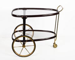 Cesare Lacca Midcentury Brass and Mahogany Wood Italian Oval Bar Cart, 1950s