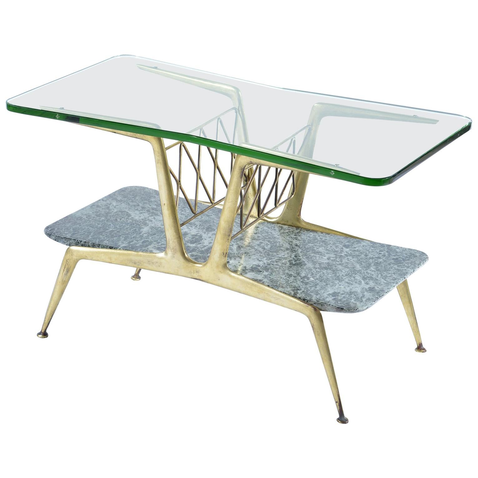 Cesare Lacca Midcentury Cust Brass Structure Coofee and Magazine Rack Table 1950 For Sale