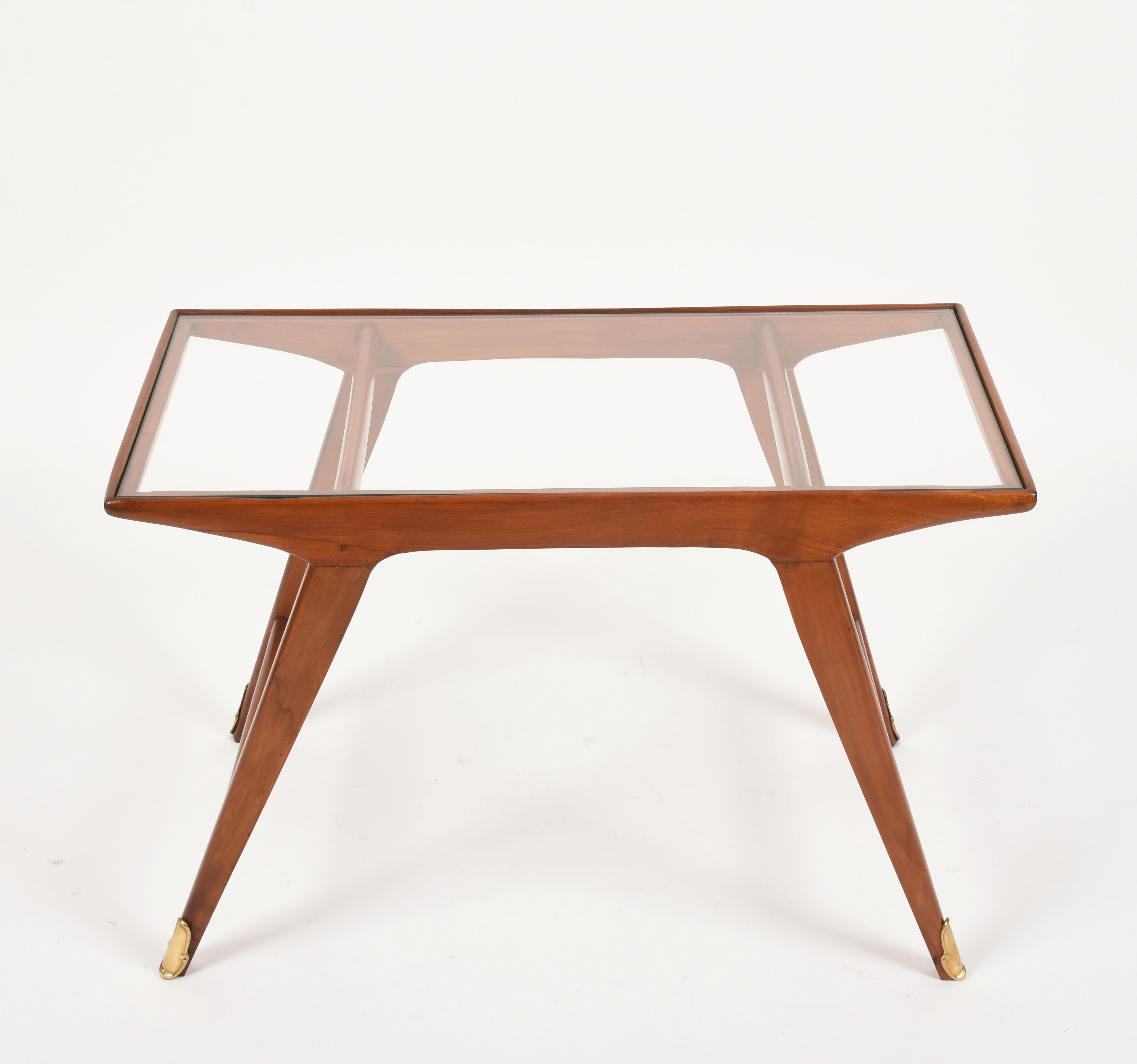 Mid-Century Modern Cesare Lacca Midcentury Italian Cherrywood and Brass Coffee Table, 1950s