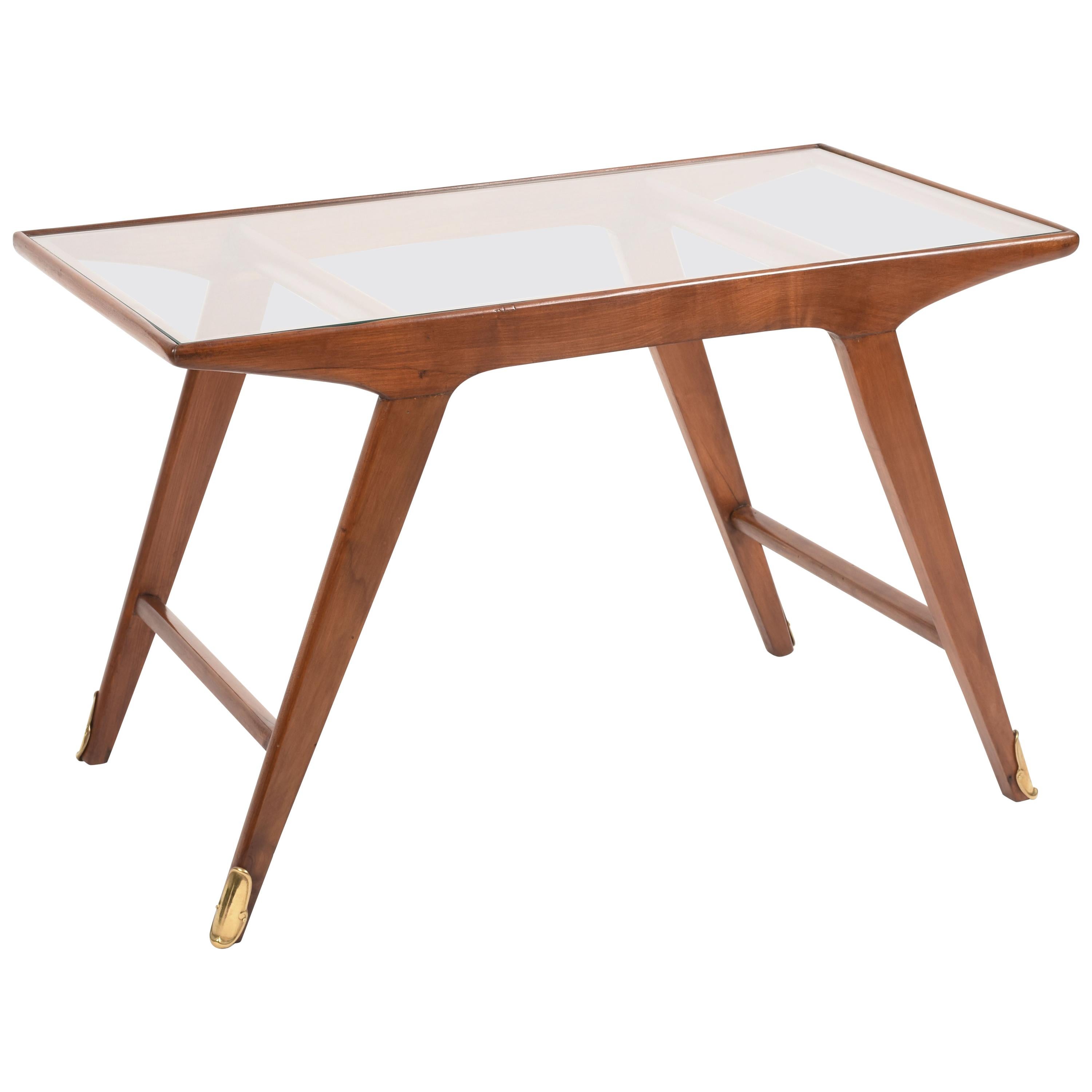 Cesare Lacca Midcentury Italian Cherrywood and Brass Coffee Table, 1950s