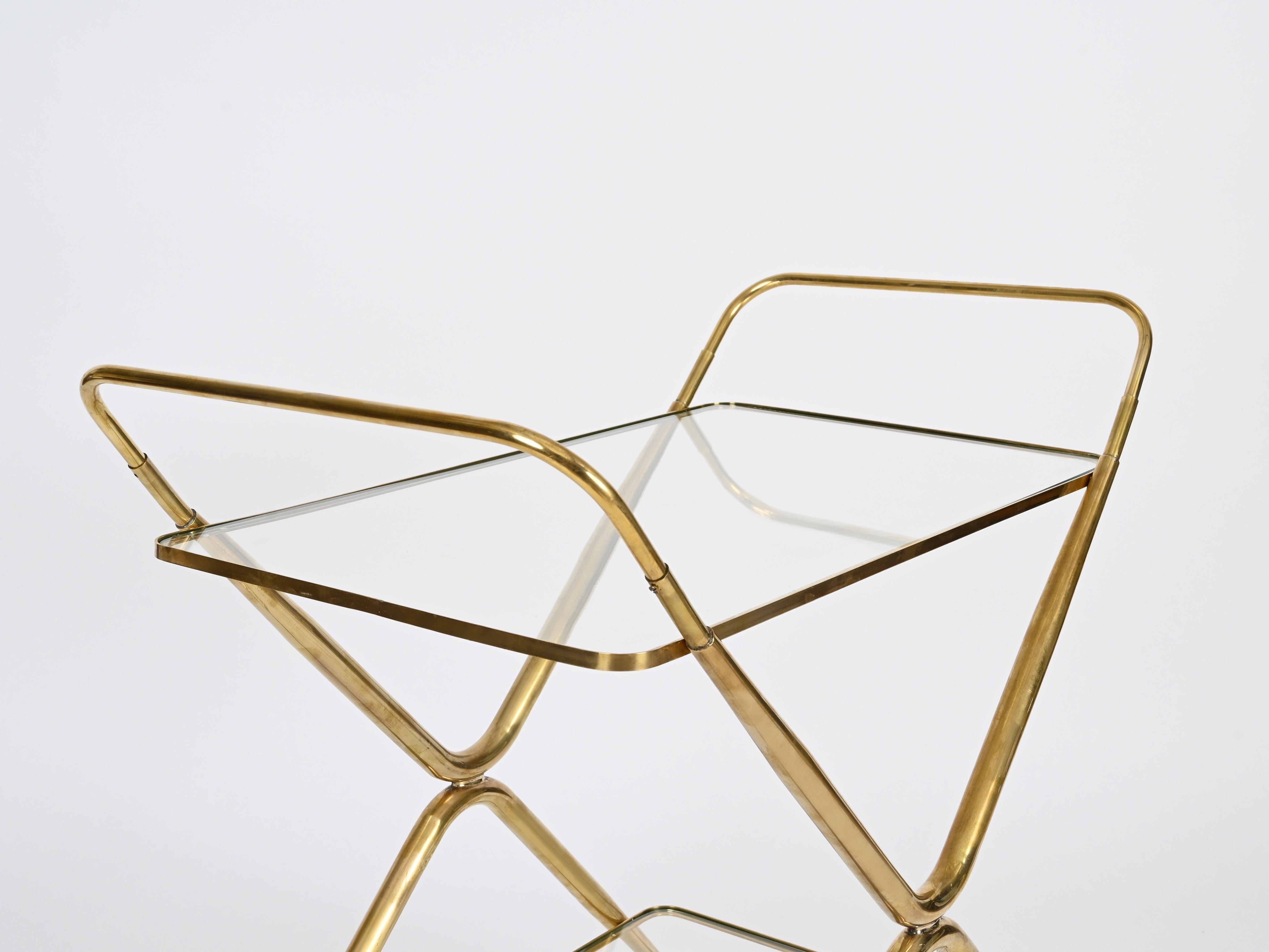 Cesare Lacca Midcentury Italian Serving Bar Cart in Brass, Italy 1950s For Sale 7