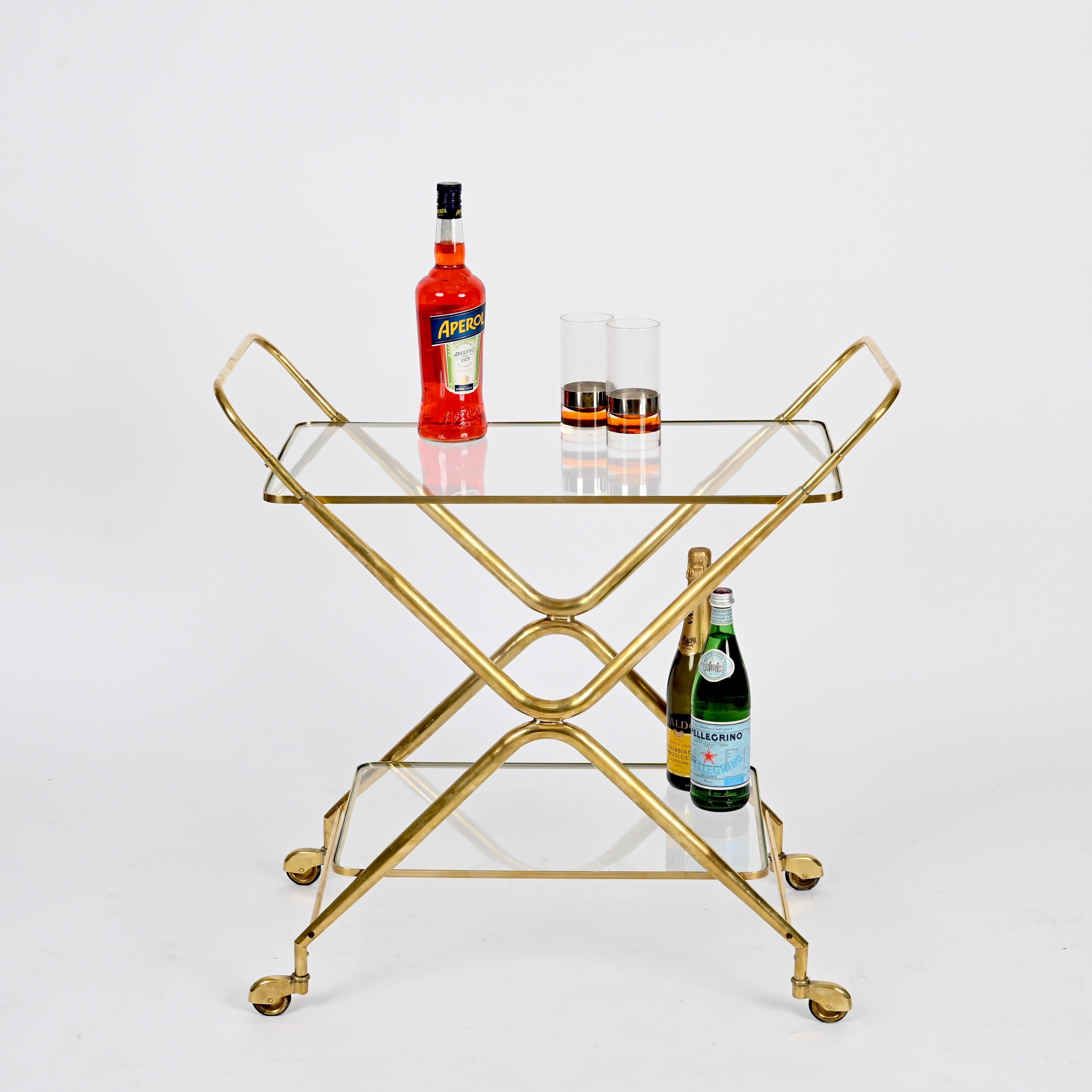 Mid-Century Modern Cesare Lacca Midcentury Italian Serving Bar Cart in Brass, Italy 1950s For Sale