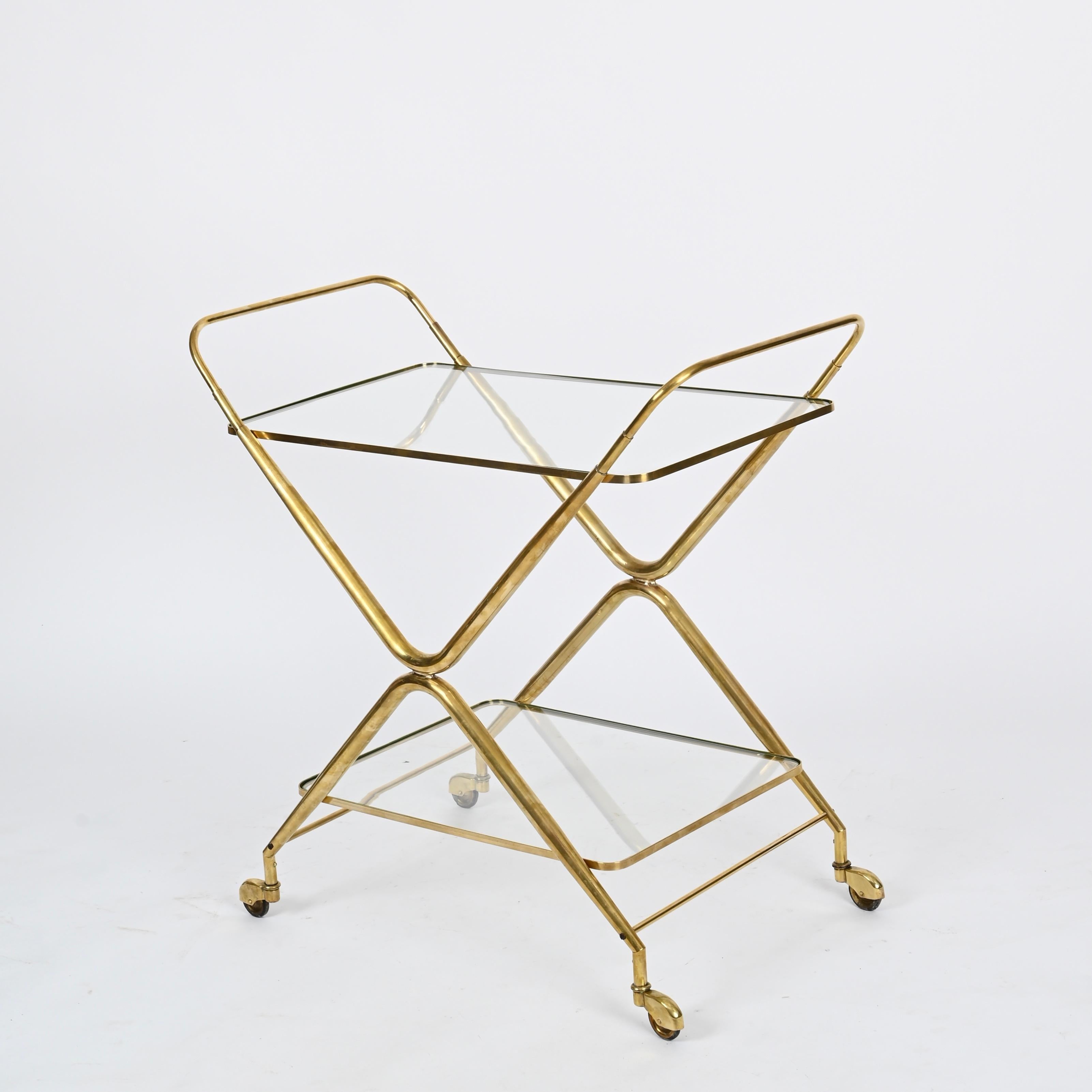 Mid-20th Century Cesare Lacca Midcentury Italian Serving Bar Cart in Brass, Italy 1950s For Sale