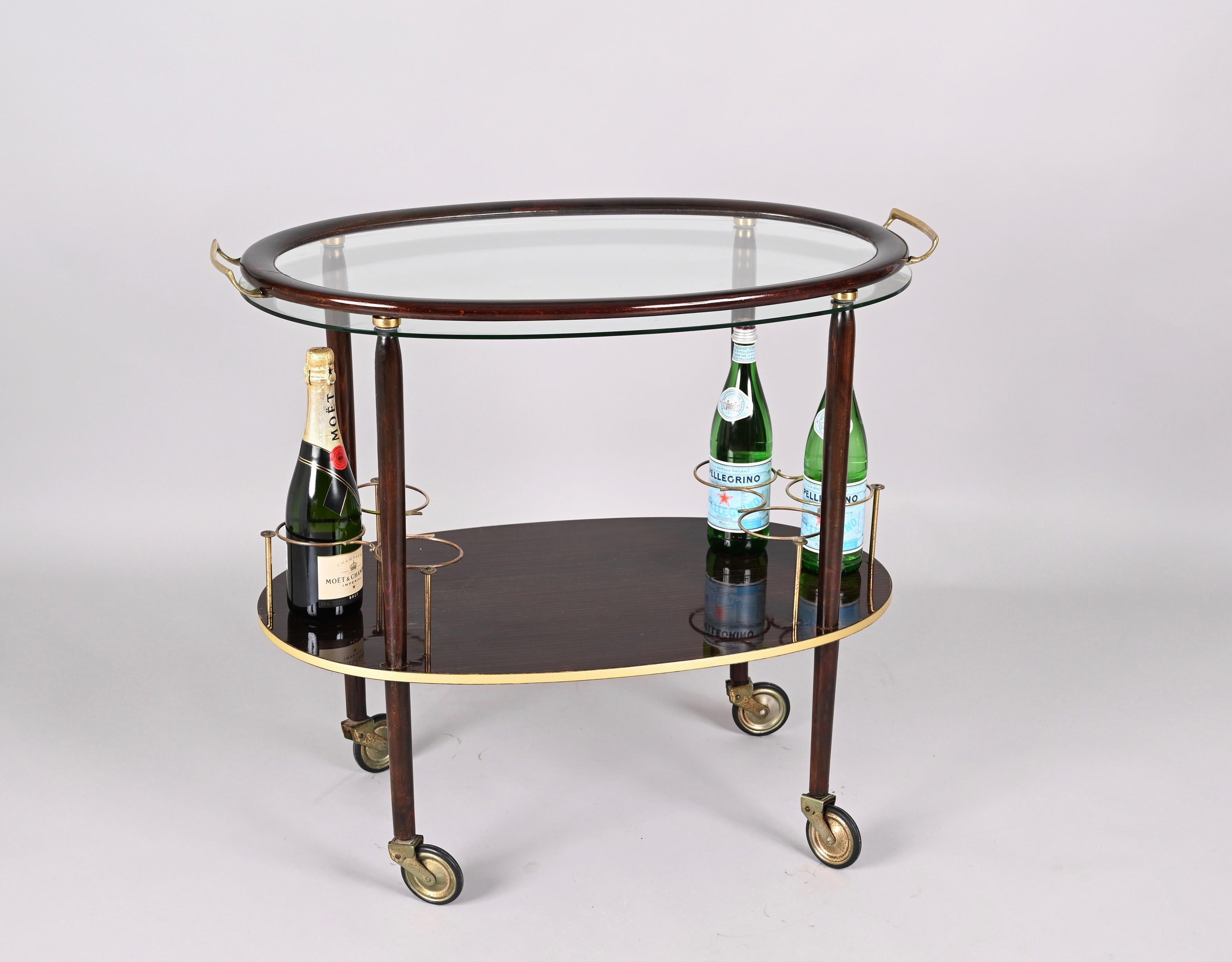 Cesare Lacca Midcentury Italian Wood Bar Cart with Glass Serving Tray, 1950s For Sale 4