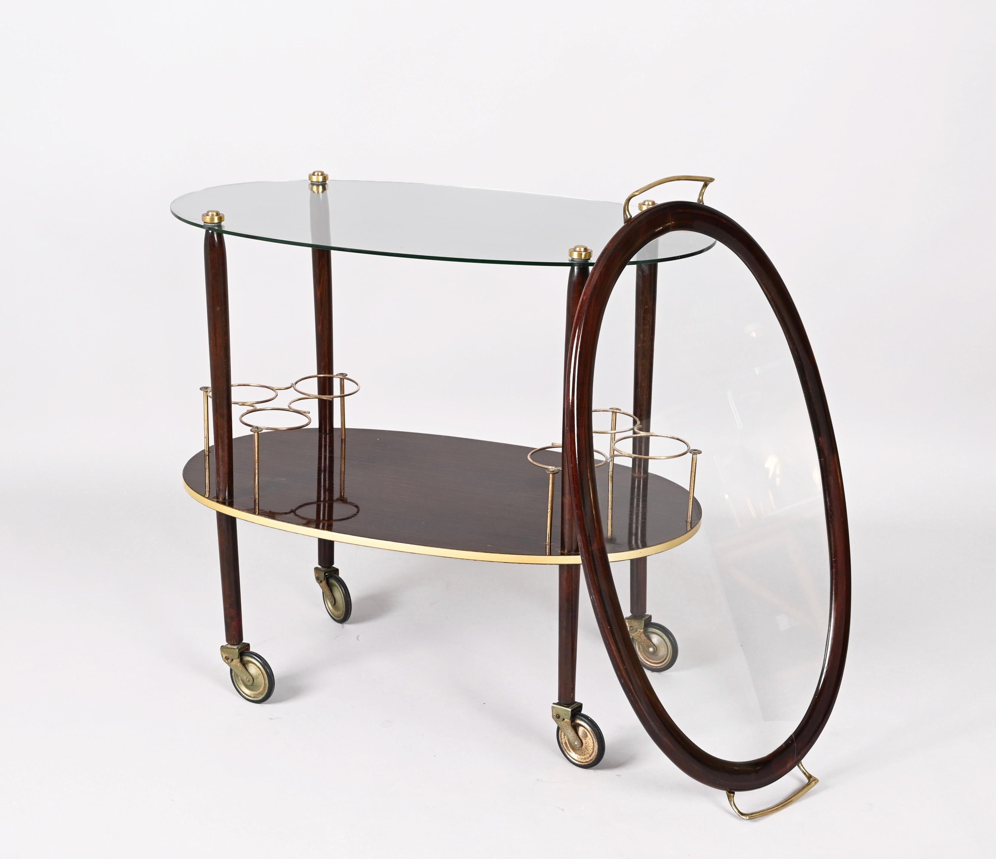 Mid-Century Modern Cesare Lacca Midcentury Italian Wood Bar Cart with Glass Serving Tray, 1950s For Sale