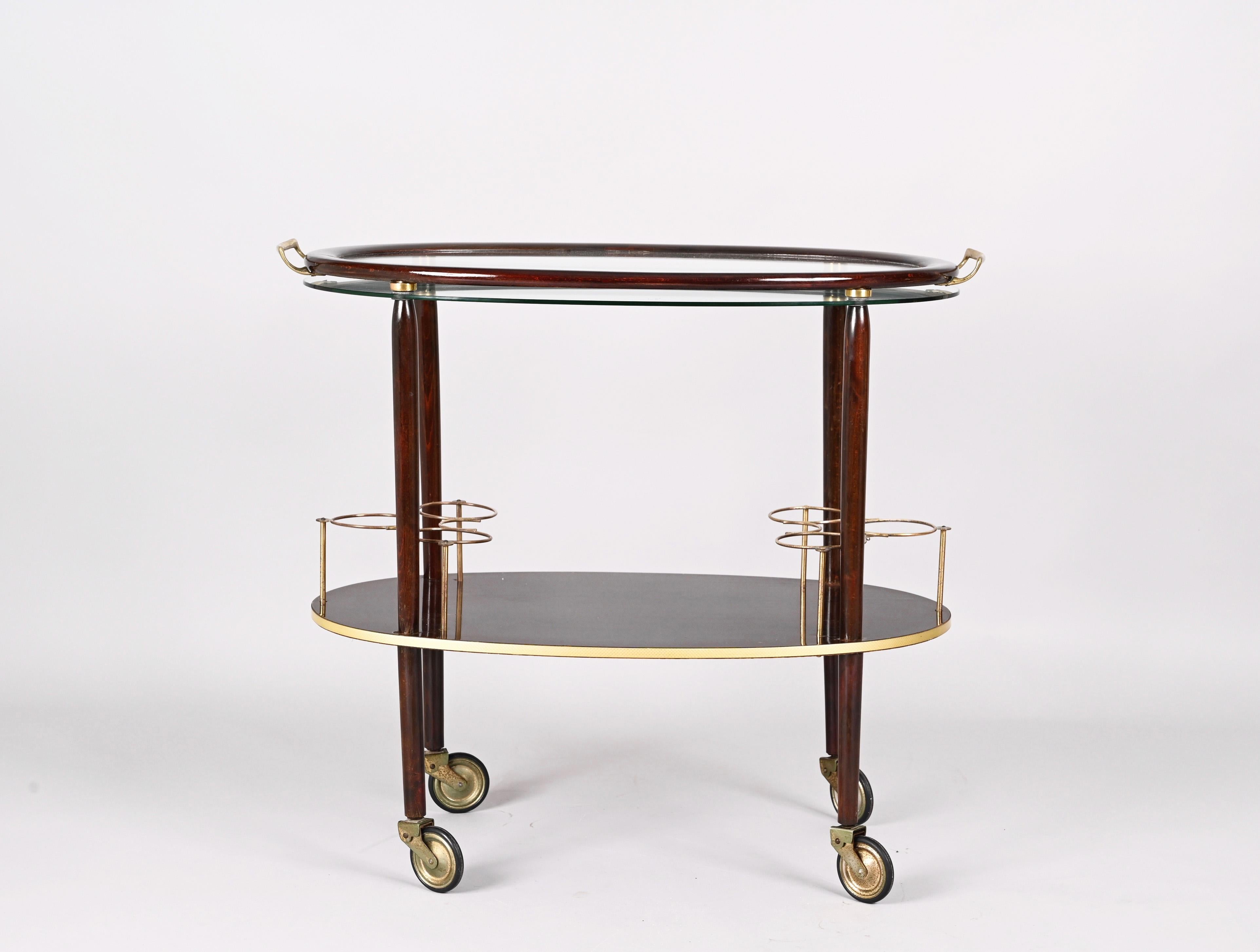 Cesare Lacca Midcentury Italian Wood Bar Cart with Glass Serving Tray, 1950s In Good Condition For Sale In Roma, IT