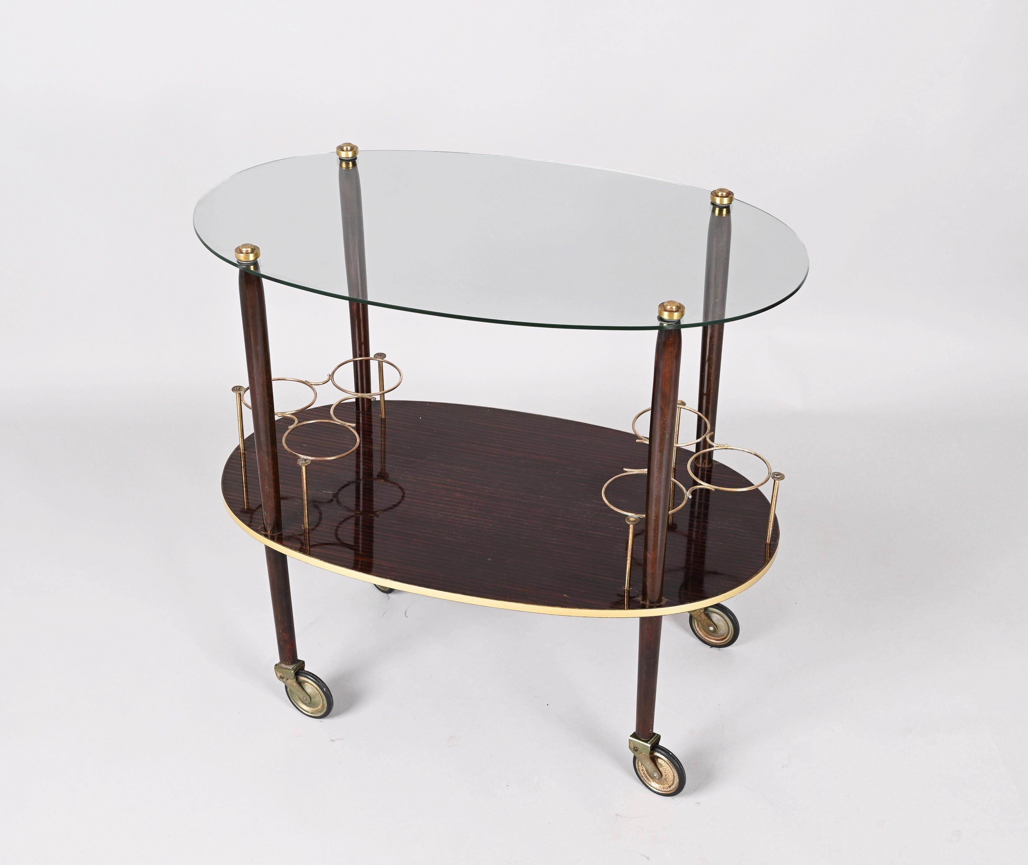 Cesare Lacca Midcentury Italian Wood Bar Cart with Glass Serving Tray, 1950s For Sale 2
