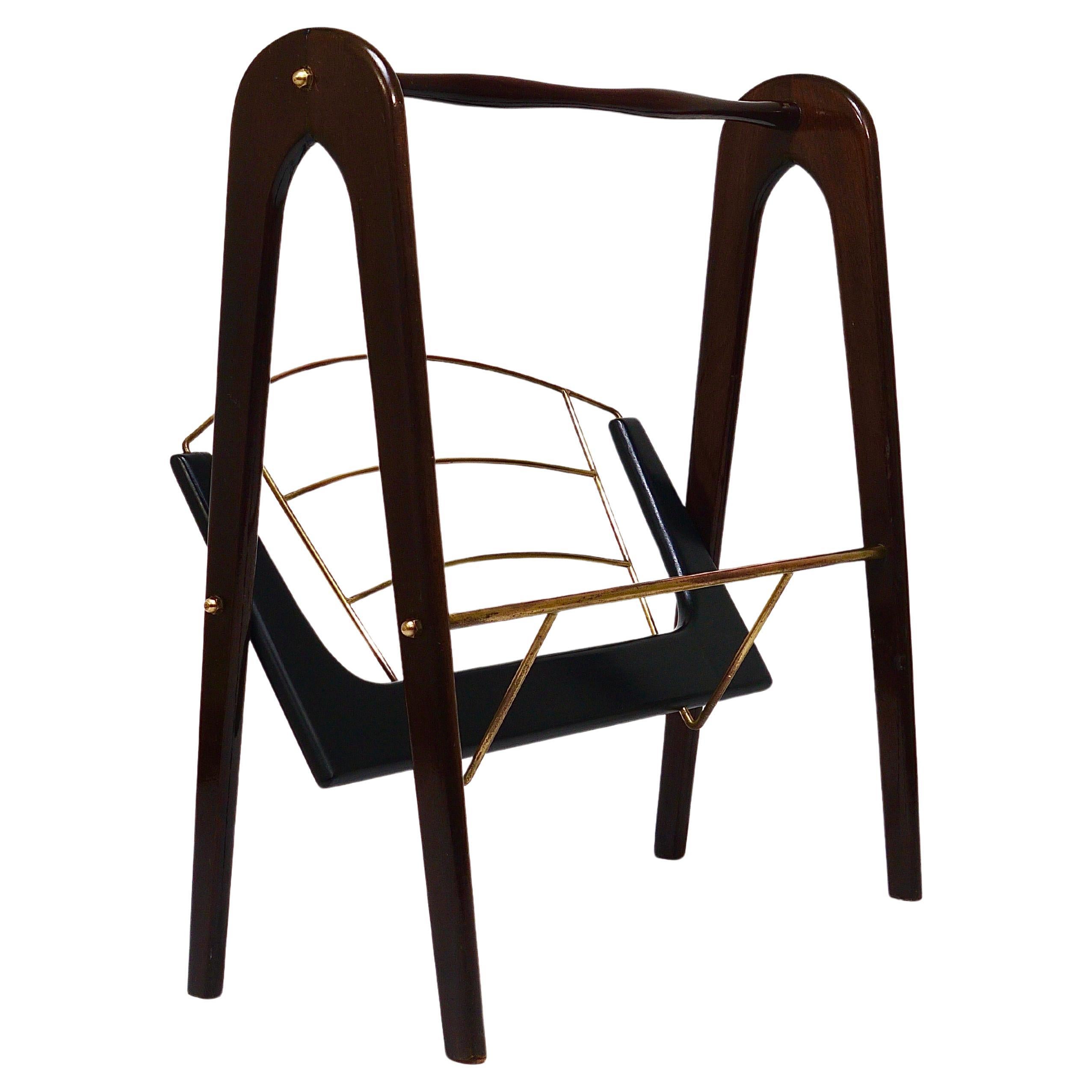 Cesare Lacca Midcentury Magazine Rack, Mahogany & Brass, Italy, 1950s