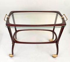 Cesare Lacca Midcentury Mahogany Italian Bar Cart with Glass Serving Tray, 1950s