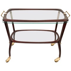 Vintage Cesare Lacca Midcentury Mahogany Italian Bar Cart with Glass Serving Tray, 1950s