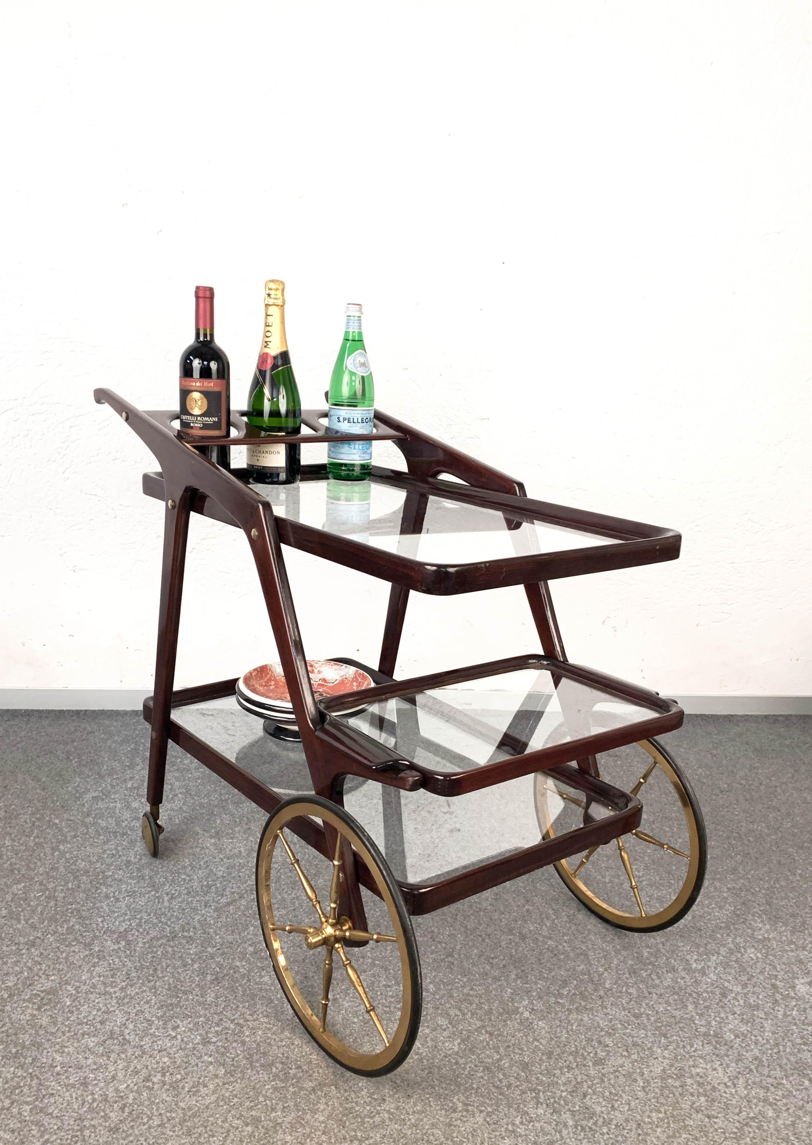 Cesare Lacca Midcentury Wood Italian Bar Cart with Glass Serving Trays 1950s For Sale 5