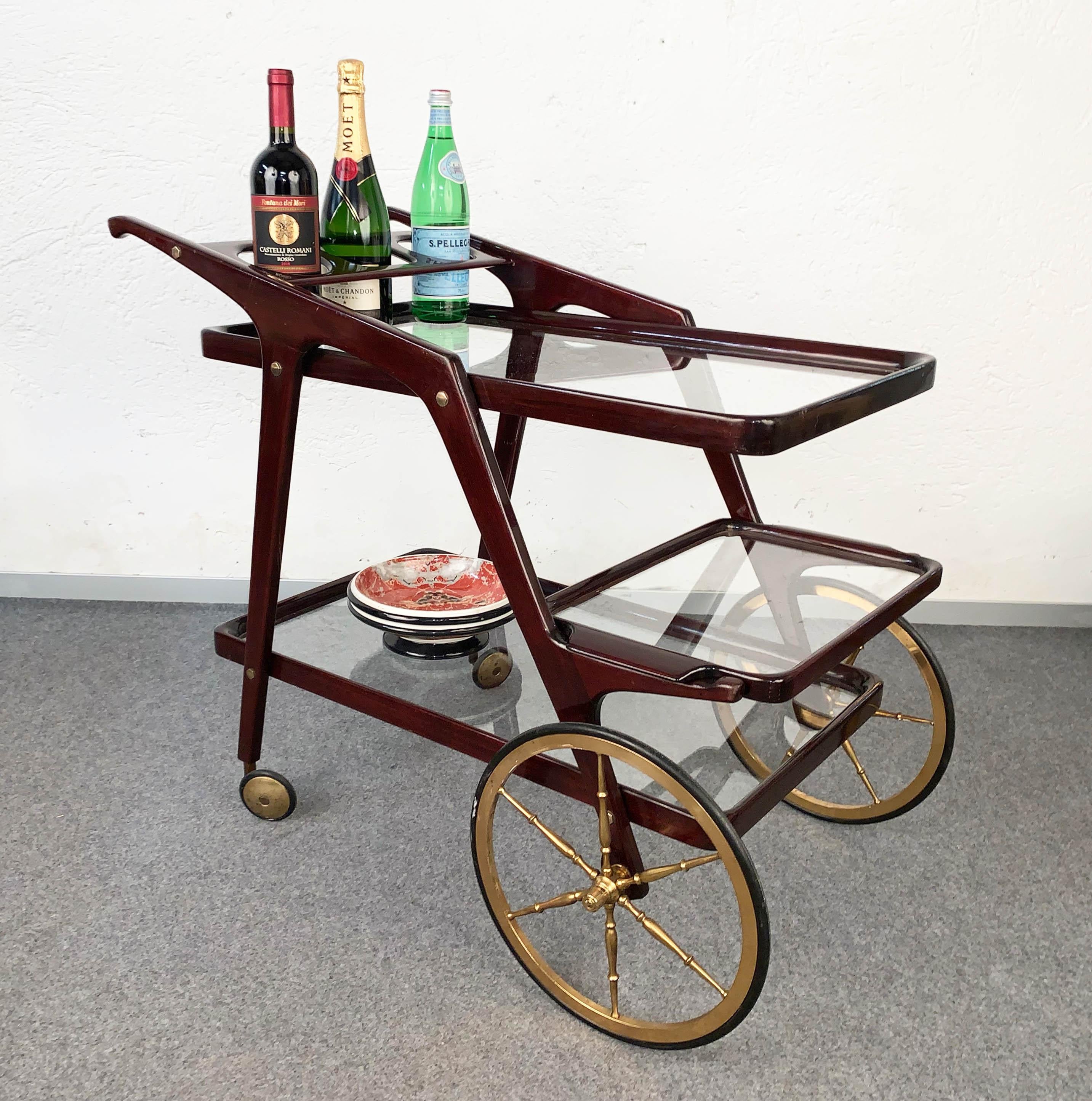 Cesare Lacca Midcentury Wood Italian Bar Cart with Glass Serving Trays 1950s For Sale 6