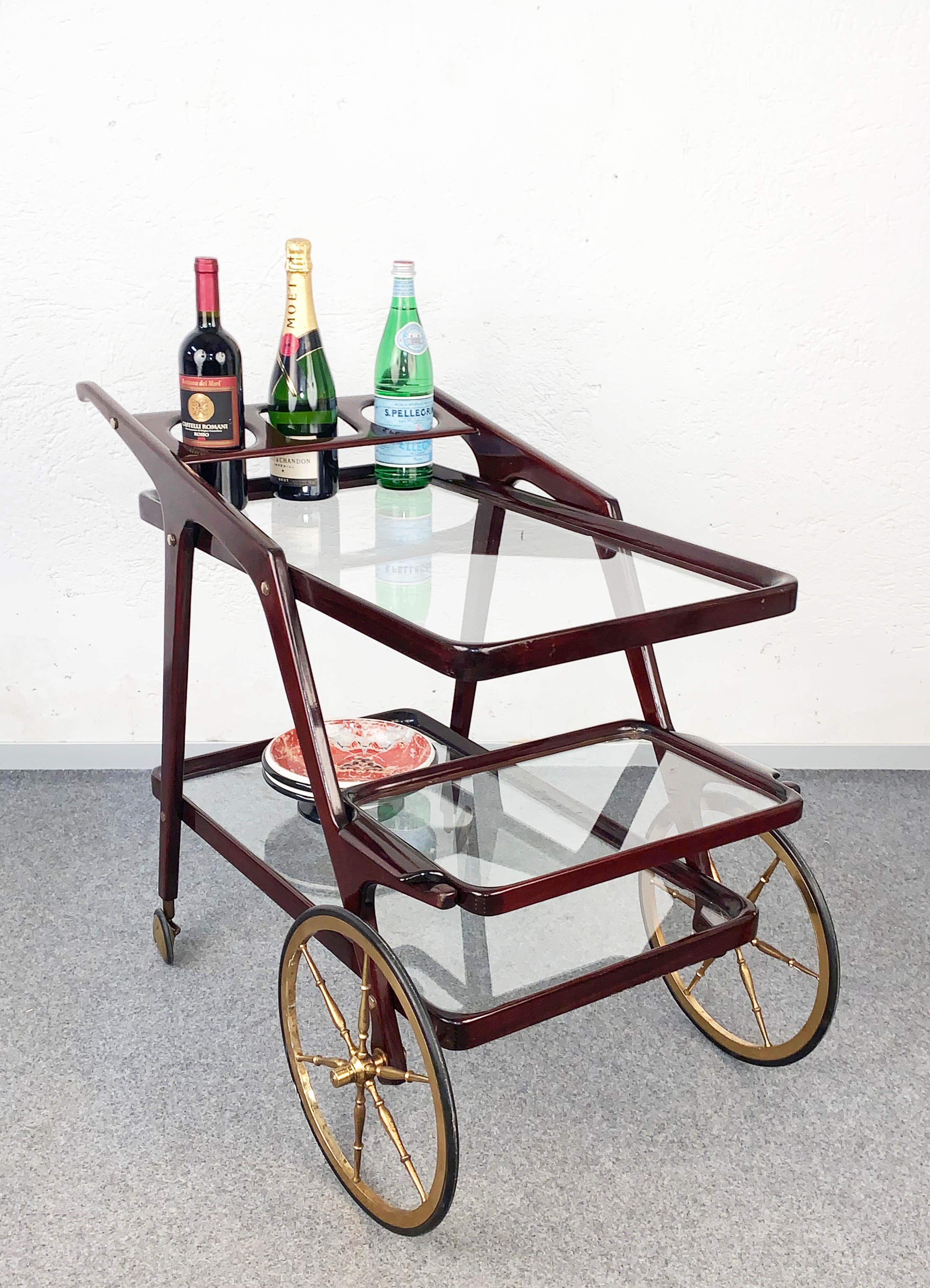 Cesare Lacca Midcentury Wood Italian Bar Cart with Glass Serving Trays 1950s For Sale 7