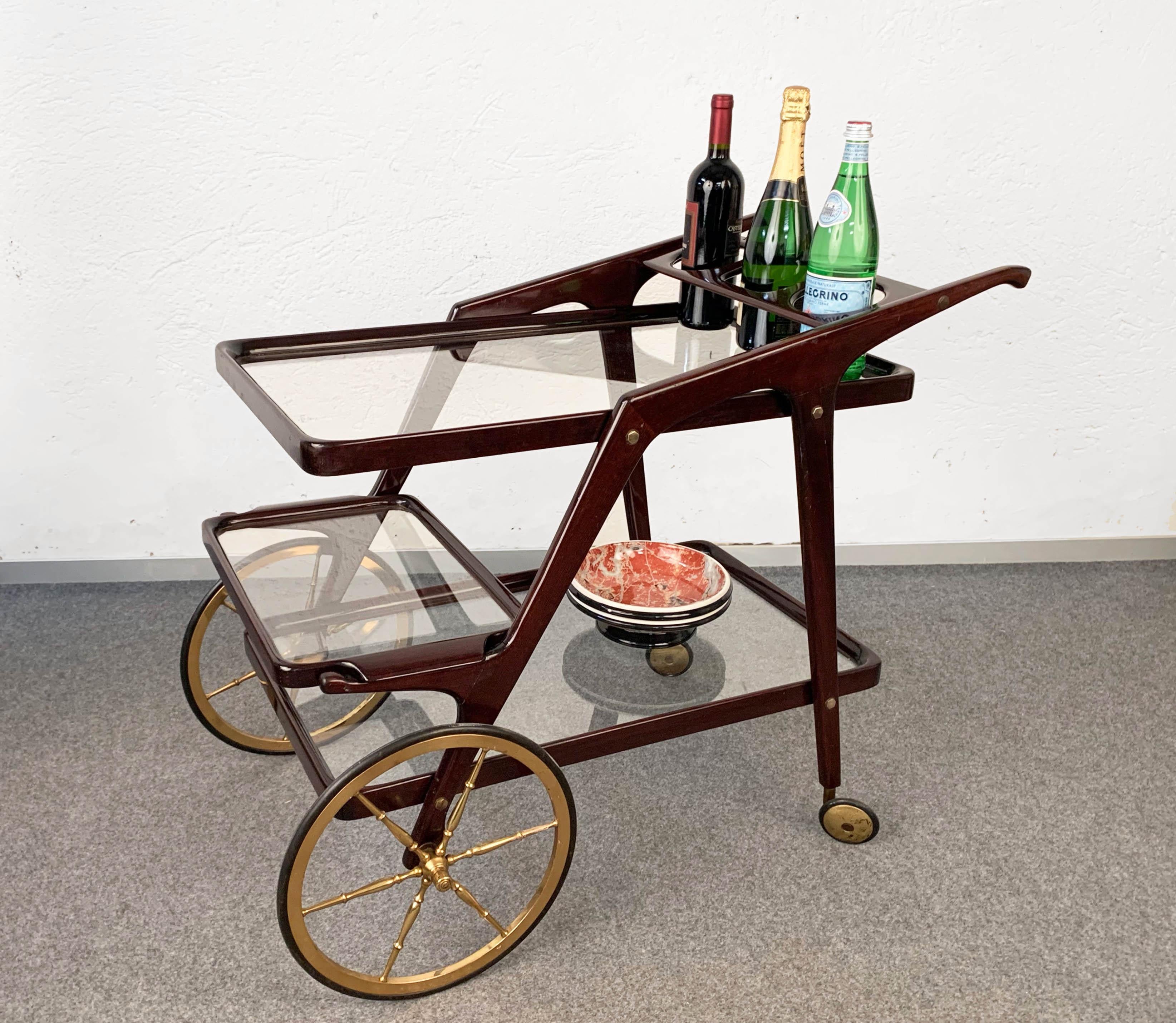 Cesare Lacca Midcentury Wood Italian Bar Cart with Glass Serving Trays 1950s For Sale 9
