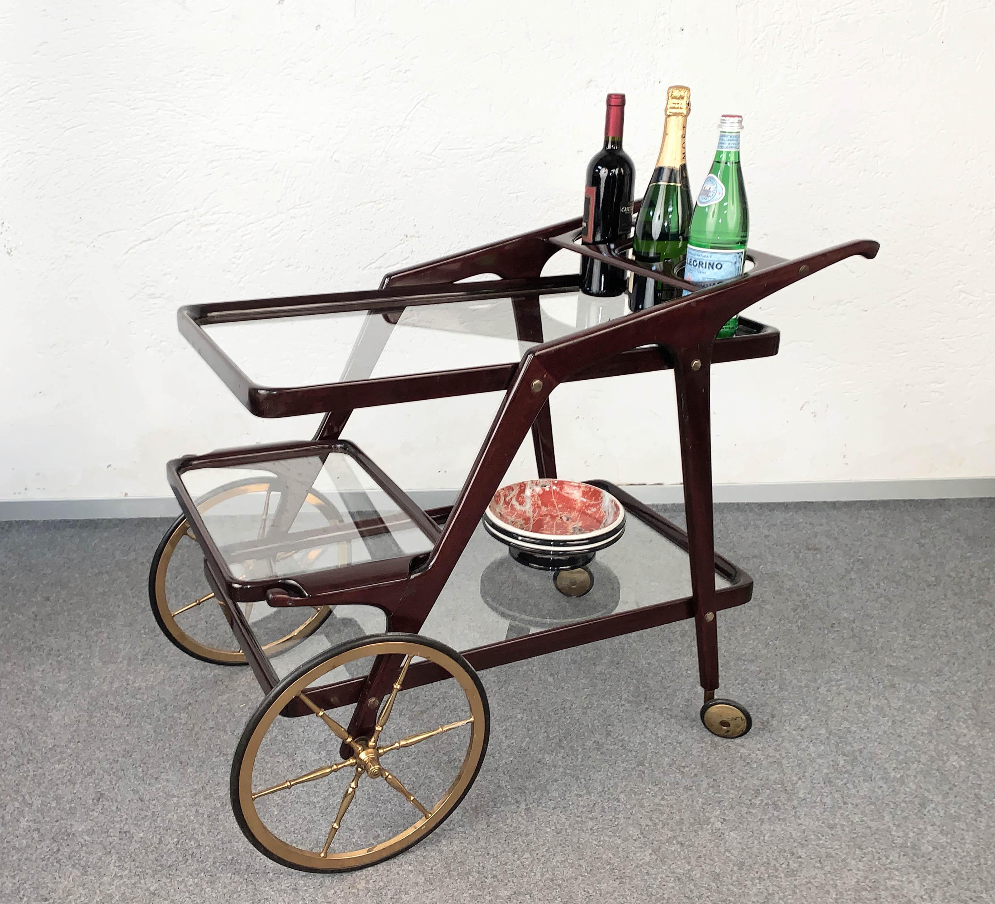 Cesare Lacca Midcentury Wood Italian Bar Cart with Glass Serving Trays 1950s For Sale 10