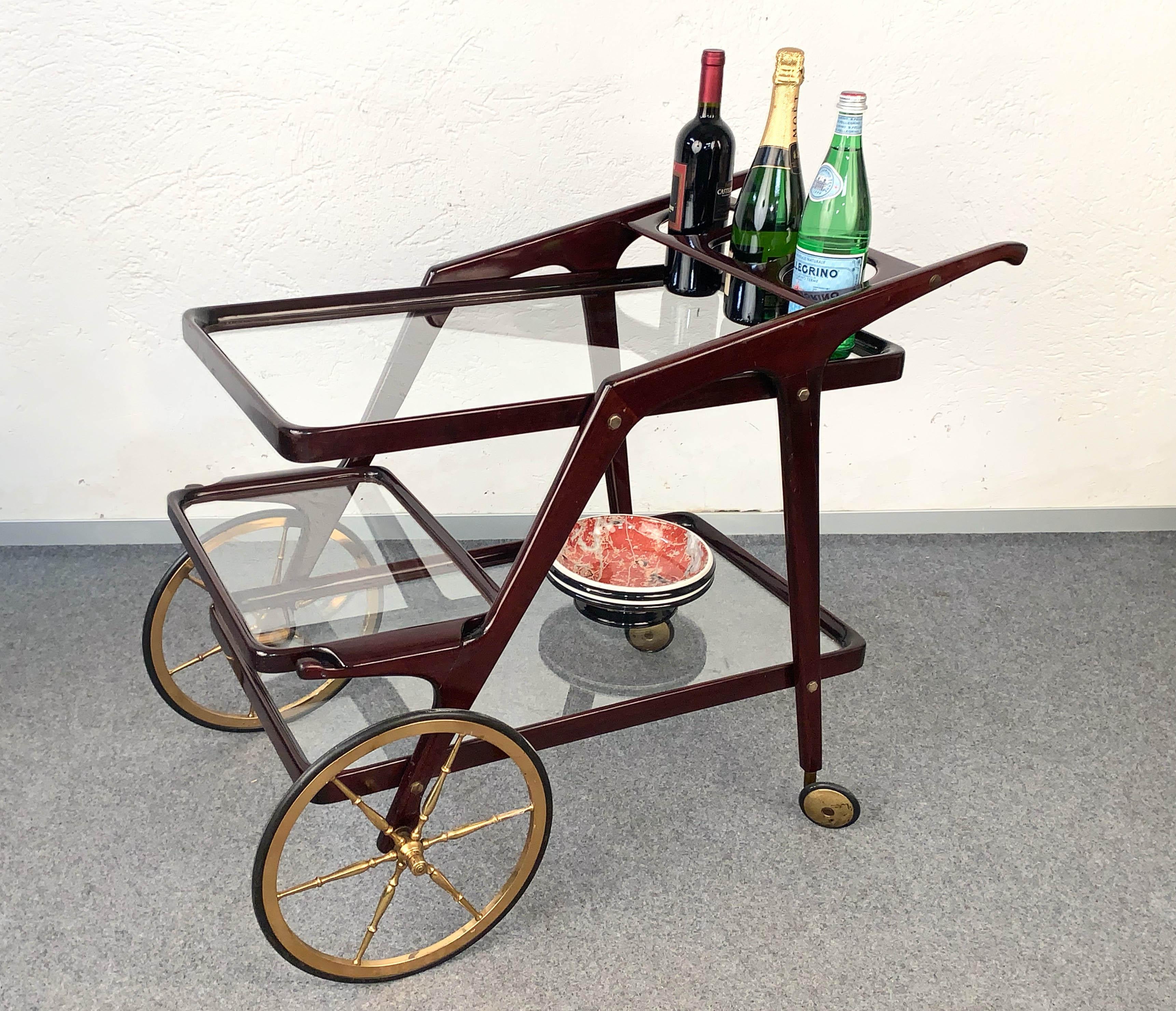 Cesare Lacca Midcentury Wood Italian Bar Cart with Glass Serving Trays 1950s For Sale 11
