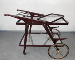 Cesare Lacca Midcentury Wood Italian Bar Cart with Glass Serving Trays 1950s