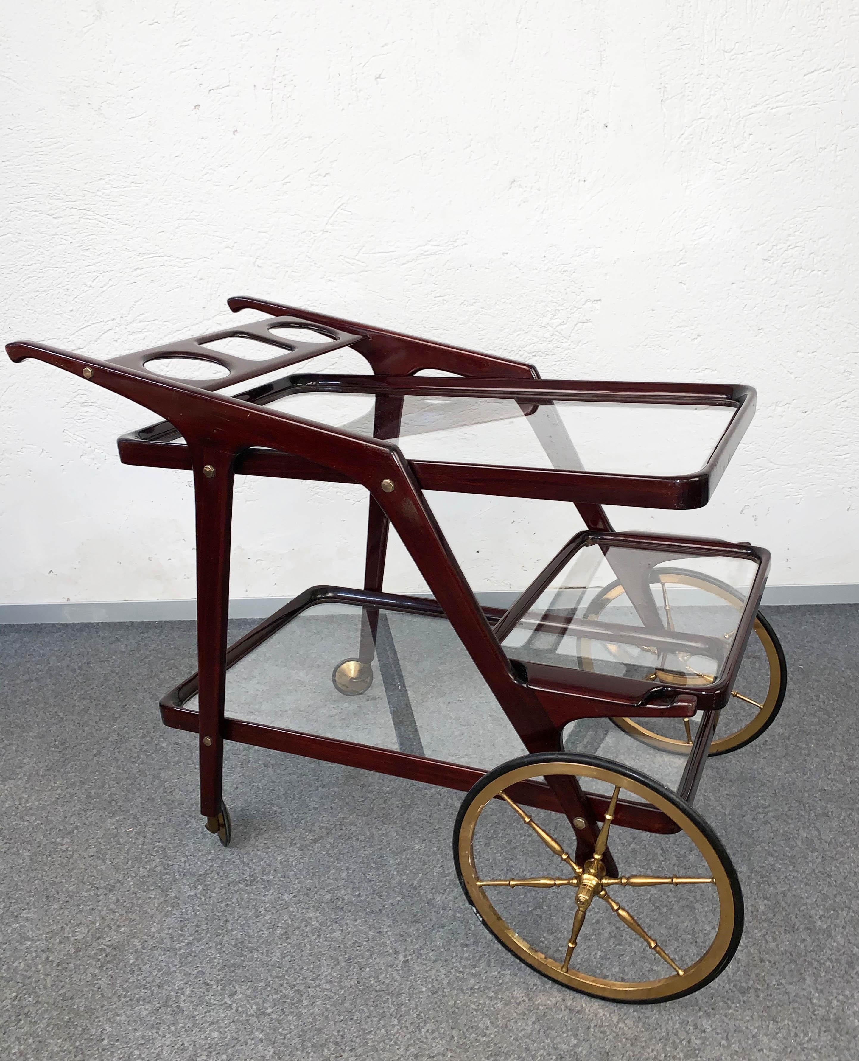 Mid-Century Modern Cesare Lacca Midcentury Wood Italian Bar Cart with Glass Serving Trays 1950s For Sale