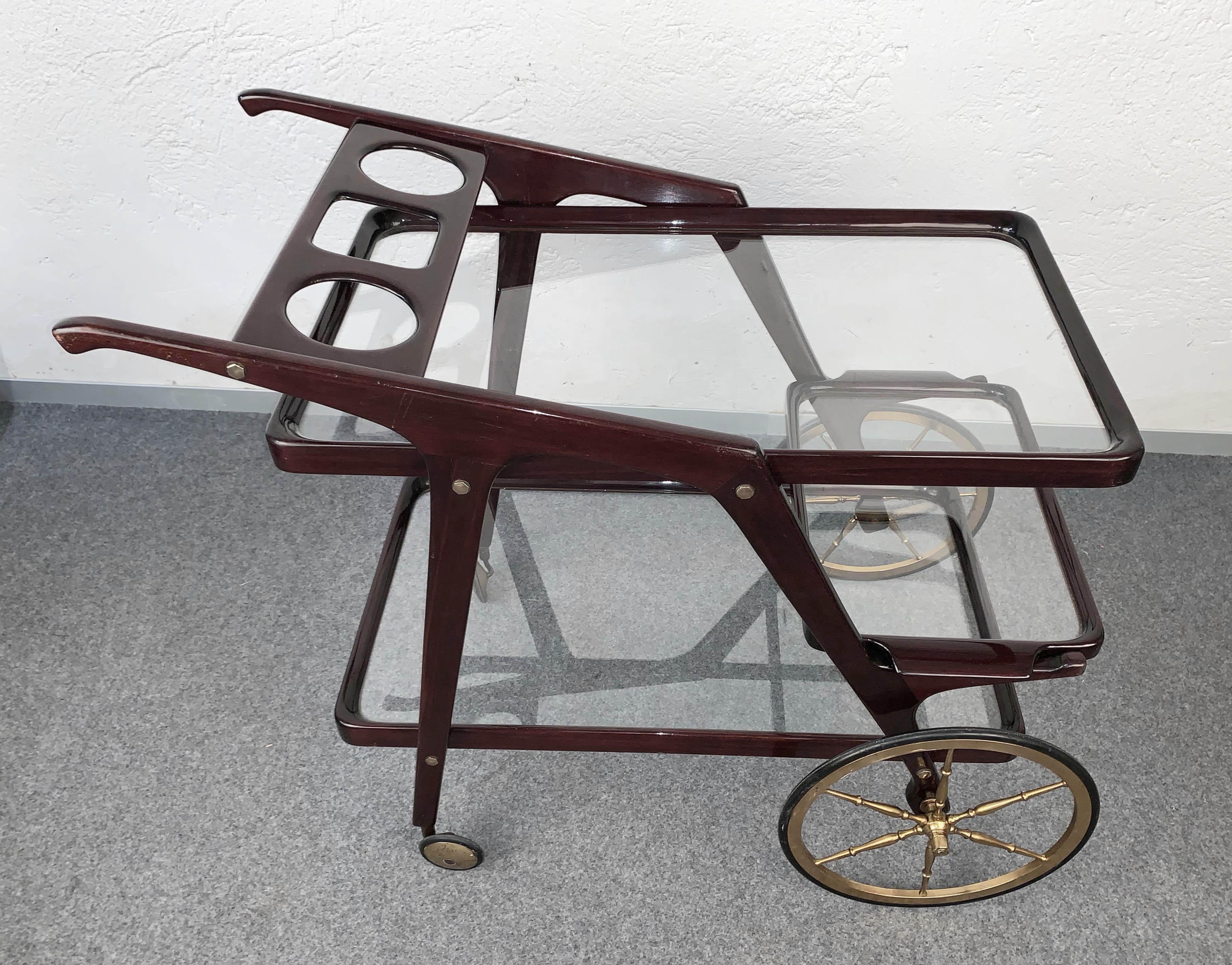 20th Century Cesare Lacca Midcentury Wood Italian Bar Cart with Glass Serving Trays 1950s For Sale