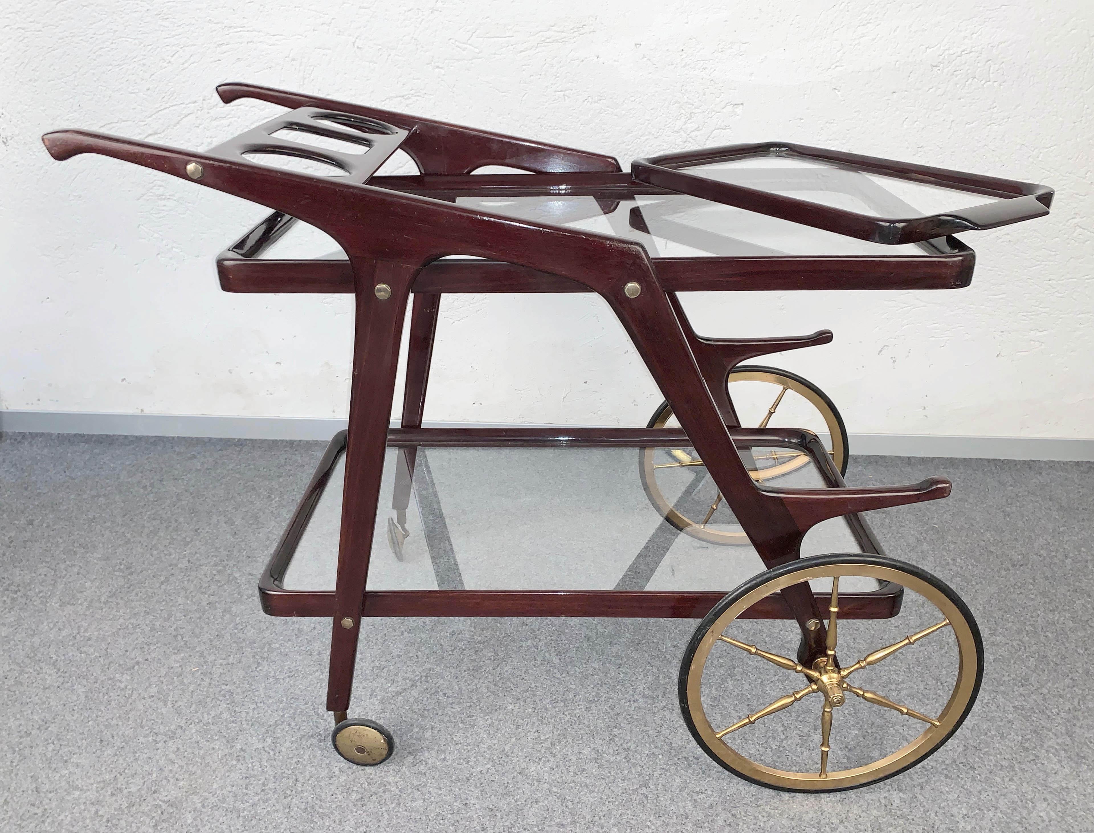 Cesare Lacca Midcentury Wood Italian Bar Cart with Glass Serving Trays 1950s For Sale 1