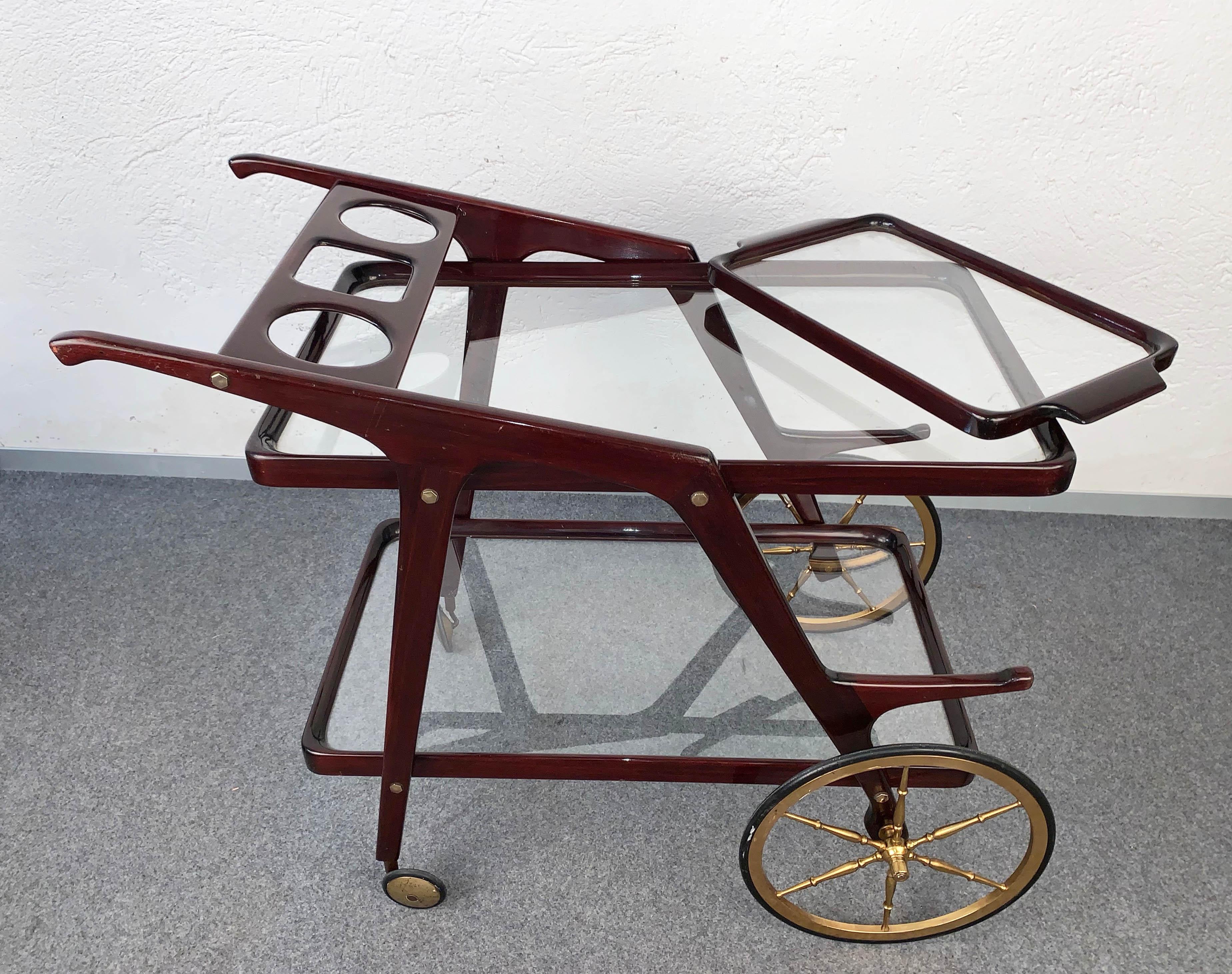 Cesare Lacca Midcentury Wood Italian Bar Cart with Glass Serving Trays 1950s For Sale 3