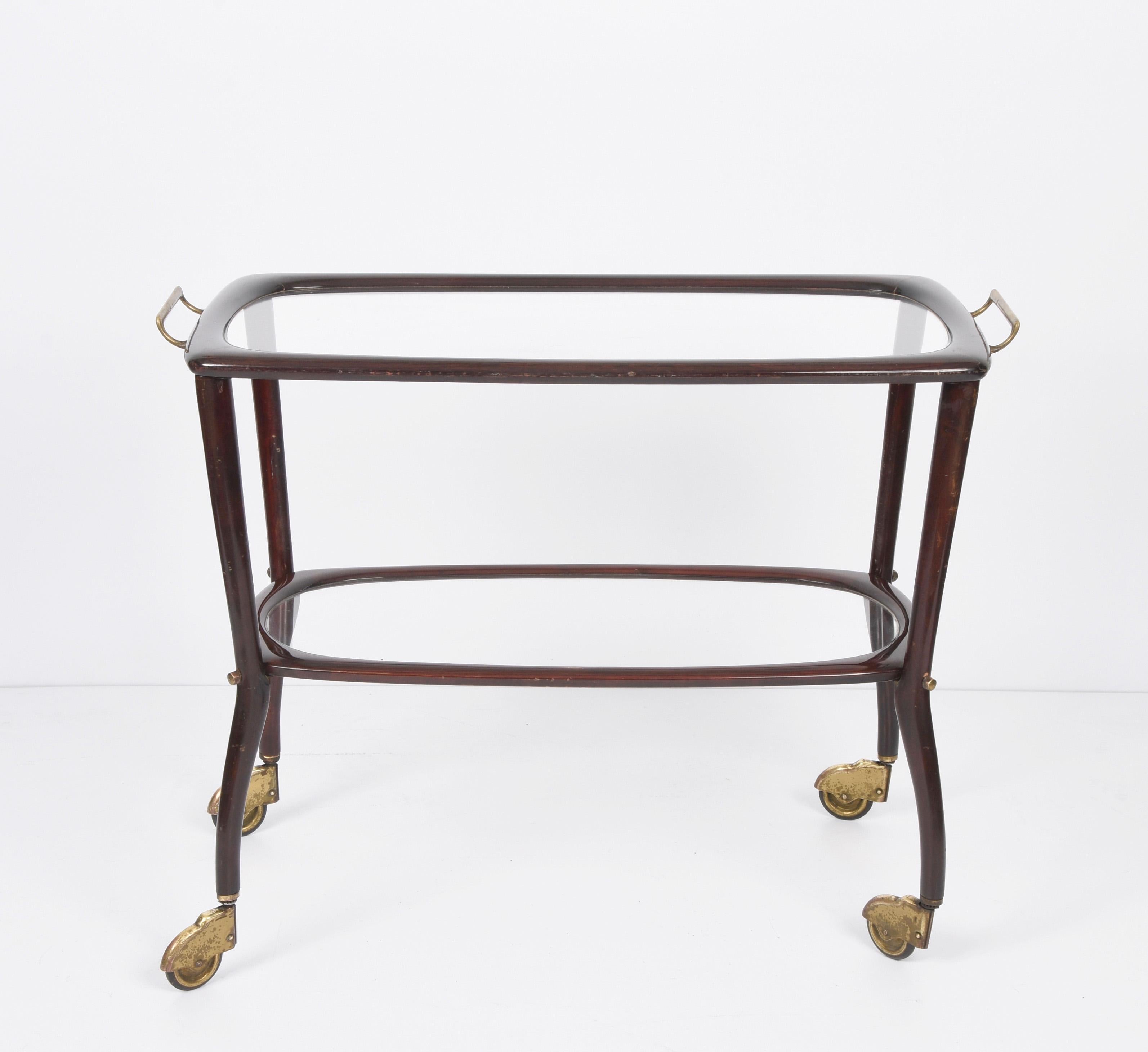 Midcentury Cesare Lacca Wood and Glass Italian Serving Trolley Bar Cart, 1950s 6