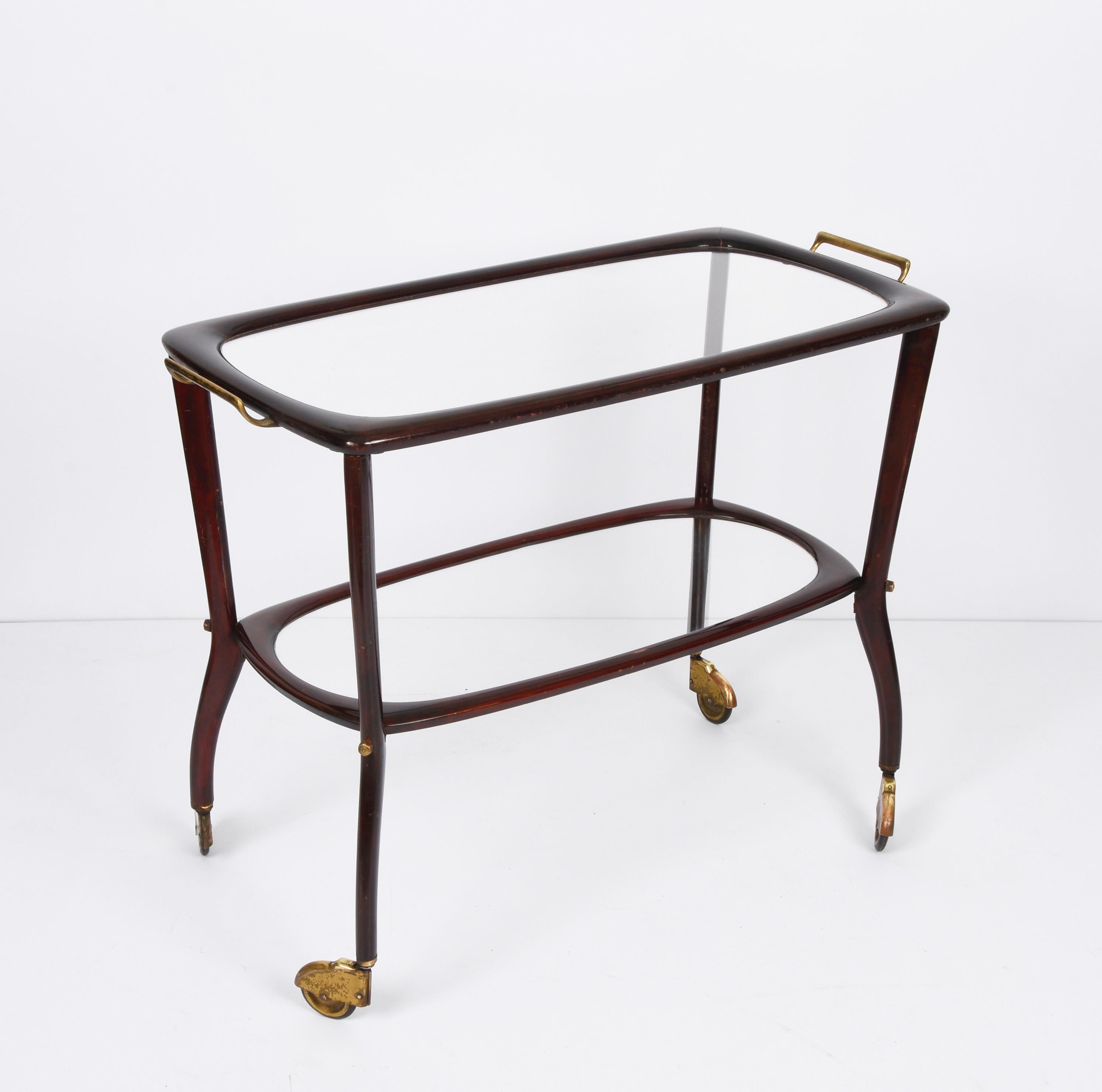 Mid-Century Modern Midcentury Cesare Lacca Wood and Glass Italian Serving Trolley Bar Cart, 1950s
