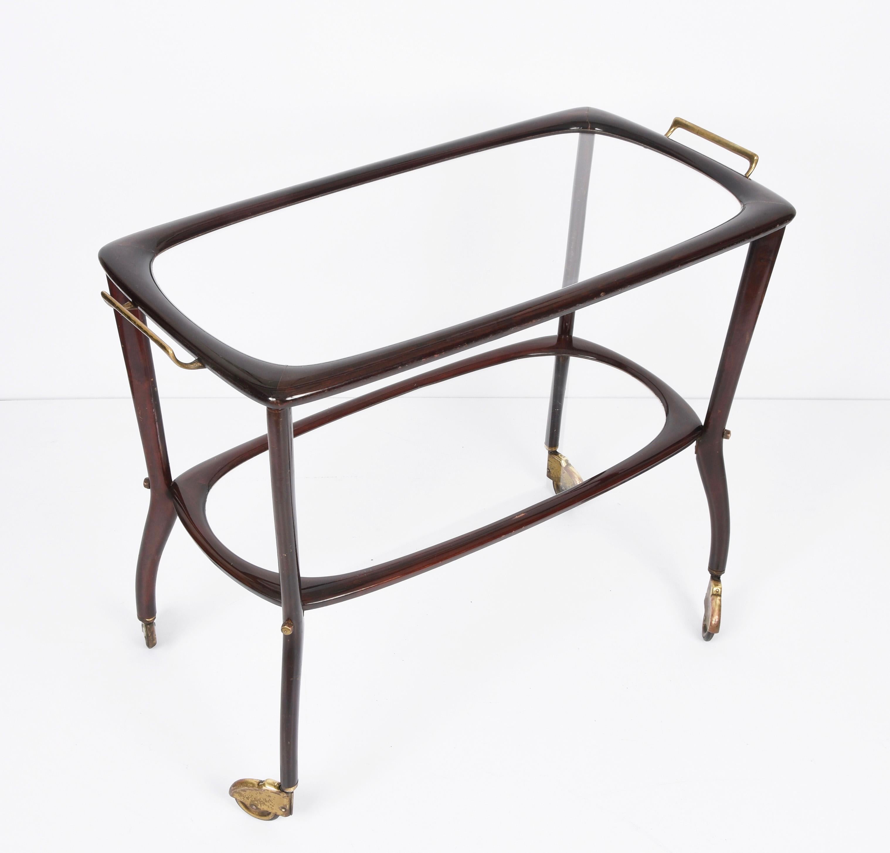 Midcentury Cesare Lacca Wood and Glass Italian Serving Trolley Bar Cart, 1950s In Good Condition In Roma, IT