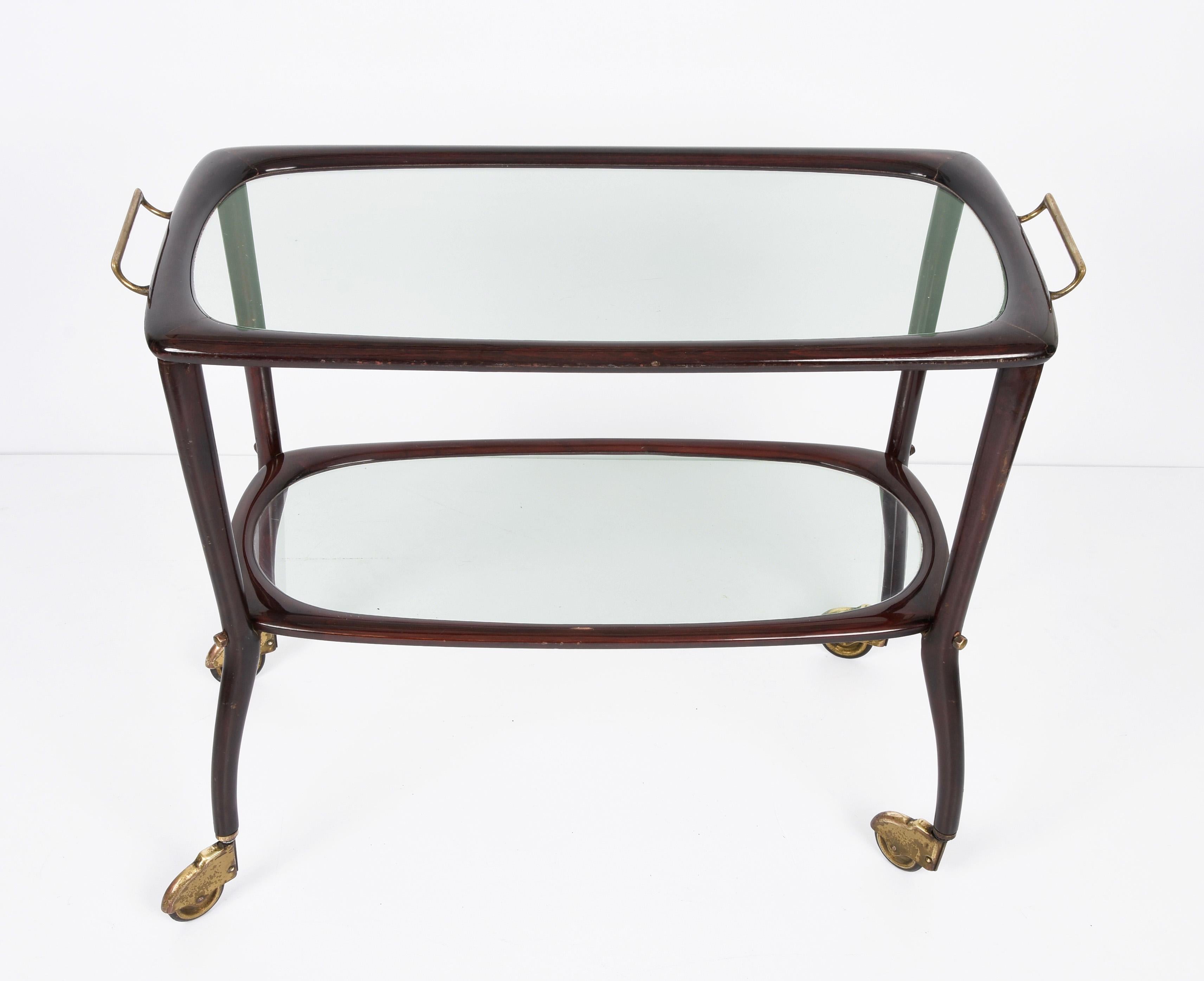 20th Century Midcentury Cesare Lacca Wood and Glass Italian Serving Trolley Bar Cart, 1950s