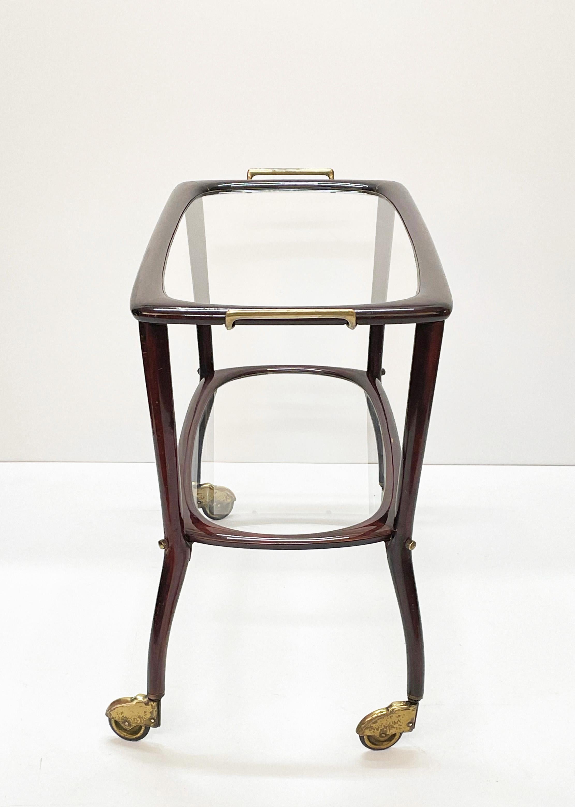 Midcentury Cesare Lacca Wood and Glass Italian Serving Trolley Bar Cart, 1950s 1