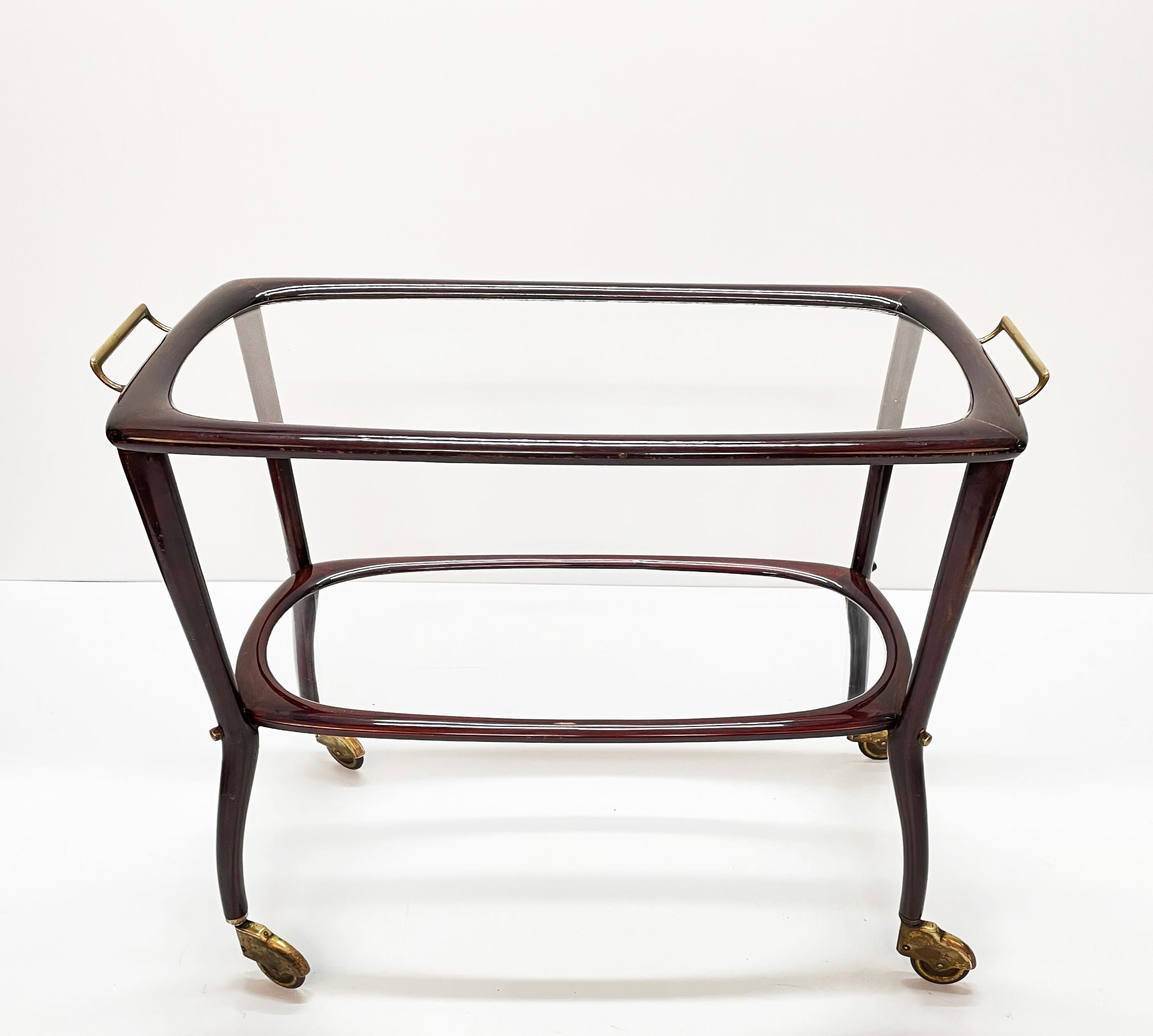 Midcentury Cesare Lacca Wood and Glass Italian Serving Trolley Bar Cart, 1950s 3