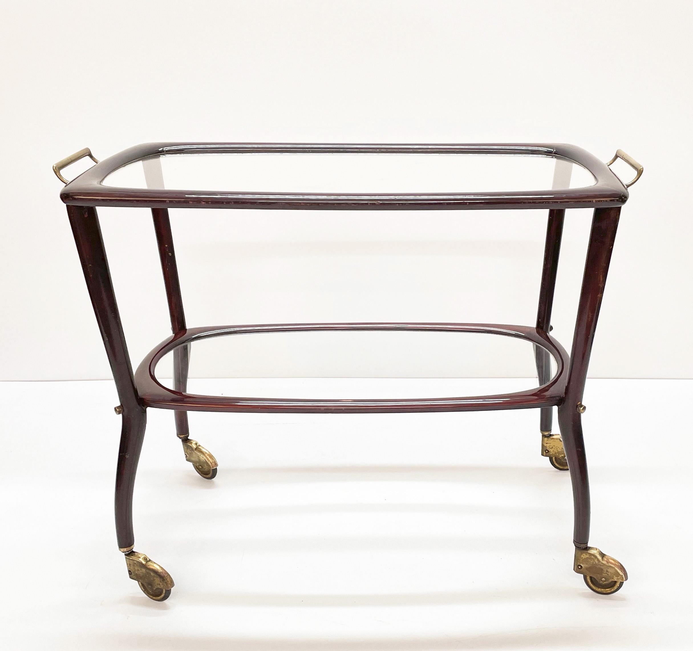 Midcentury Cesare Lacca Wood and Glass Italian Serving Trolley Bar Cart, 1950s 4