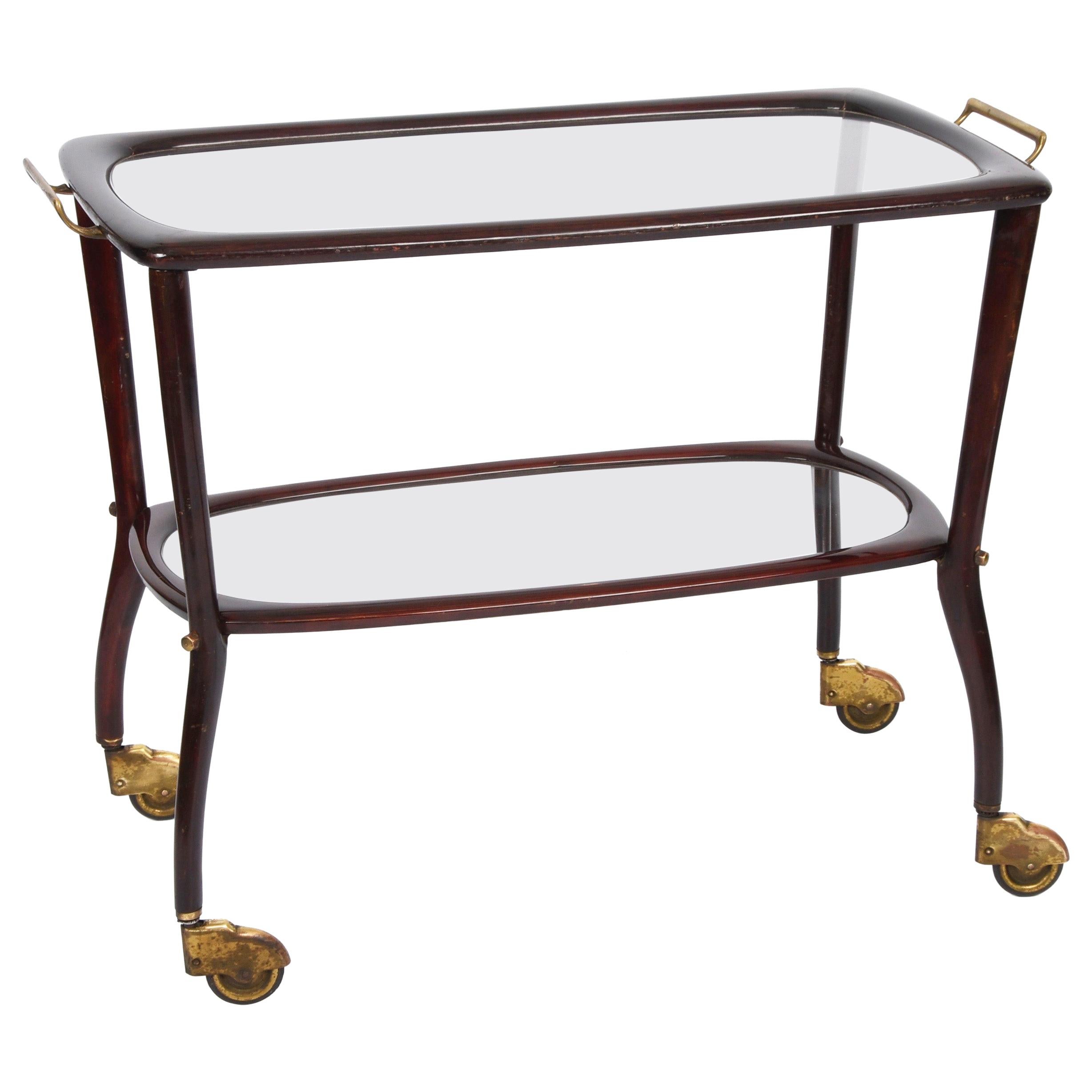 Midcentury Cesare Lacca Wood and Glass Italian Serving Trolley Bar Cart, 1950s