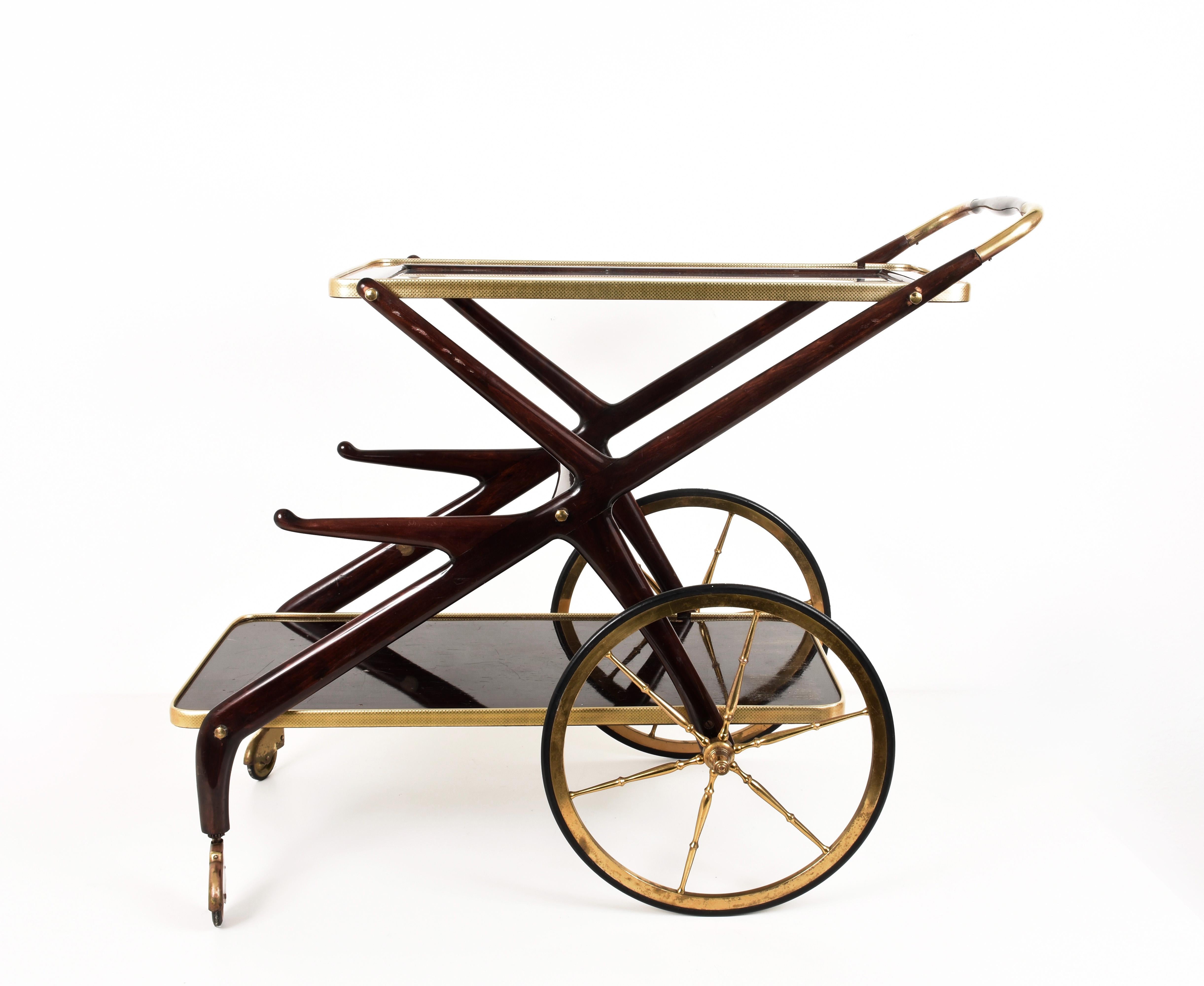 Cesare Lacca Mid-Century Modern Wood and Brass Italian Bar Cart, Italy 1950s 6
