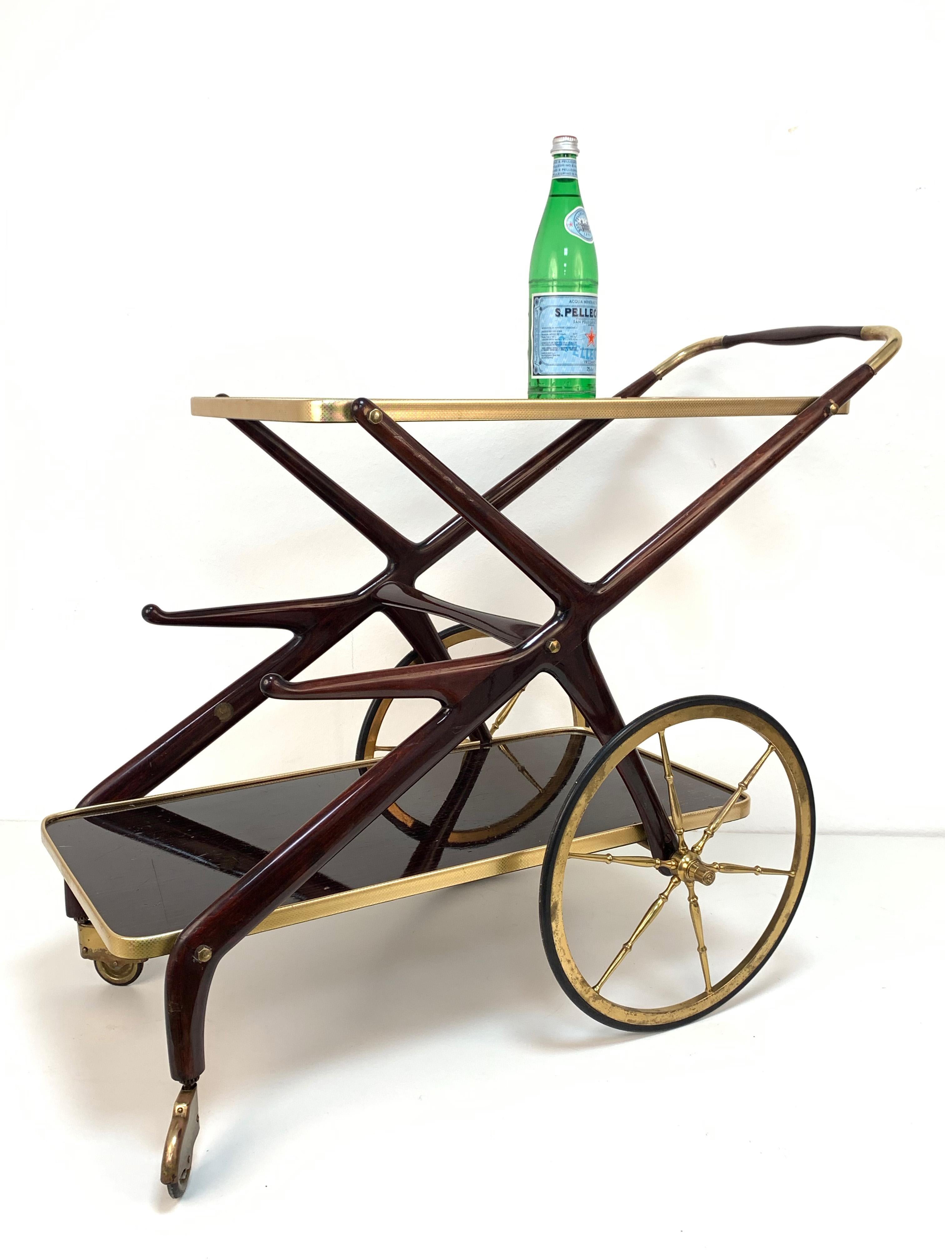 Cesare Lacca Mid-Century Modern Wood and Brass Italian Bar Cart, Italy 1950s 9