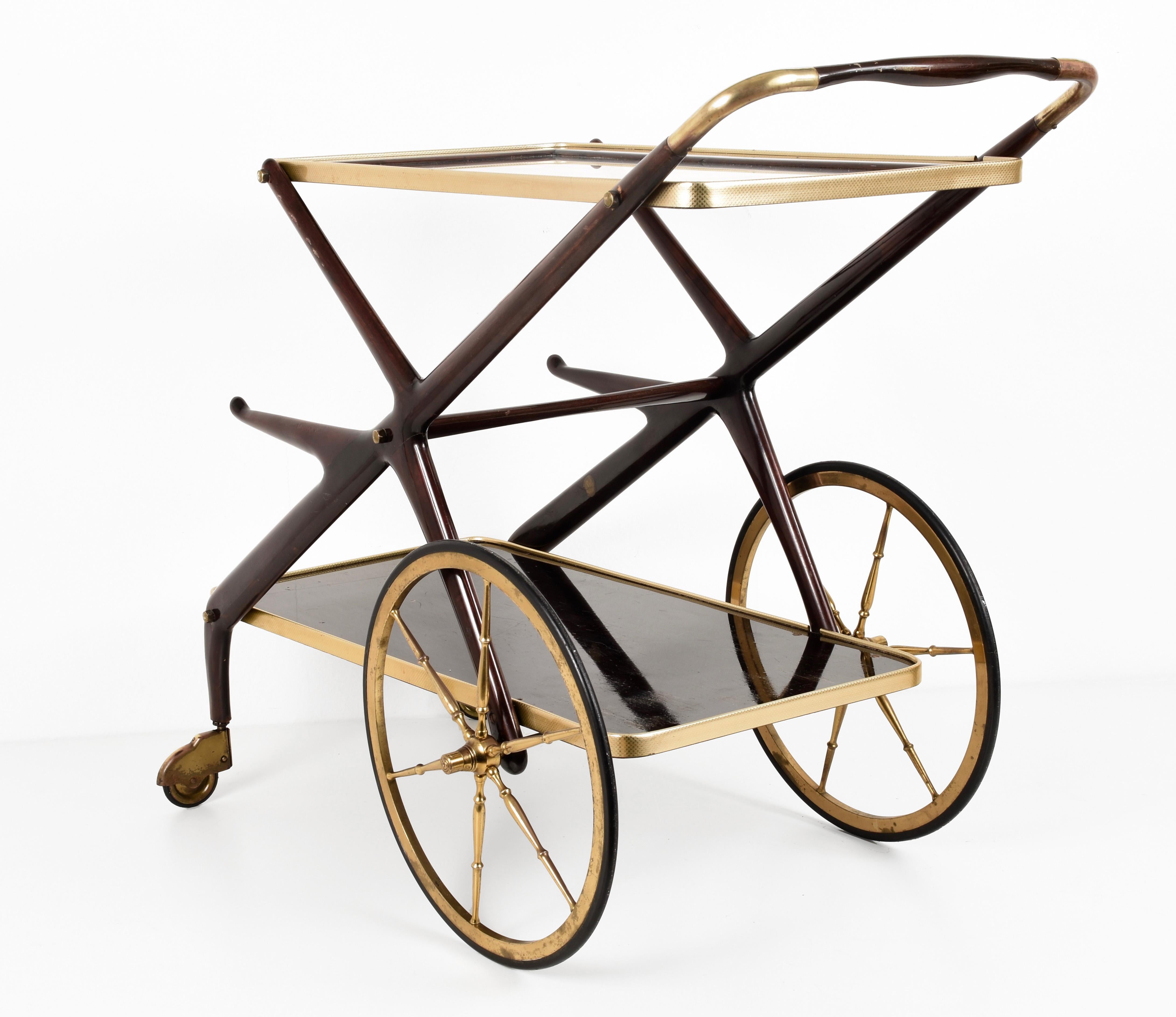 Cesare Lacca Mid-Century Modern Wood and Brass Italian Bar Cart, Italy 1950s 3