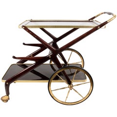 Vintage Cesare Lacca Mid-Century Modern Wood and Brass Italian Bar Cart, Italy 1950s