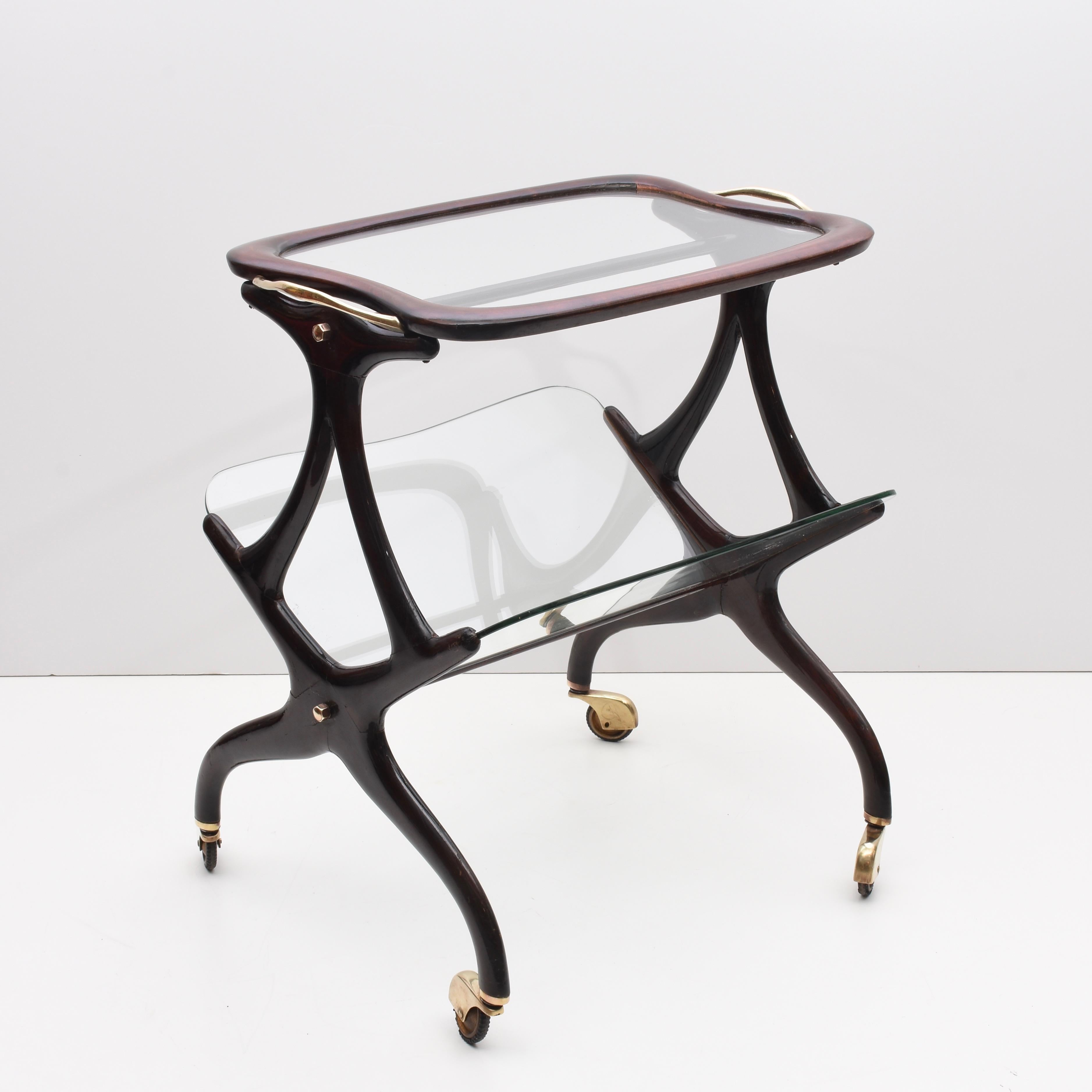 Glass Cesare Lacca Mid-Century Modern Wood Magazine Rack and Bar Cart, 1950s For Sale
